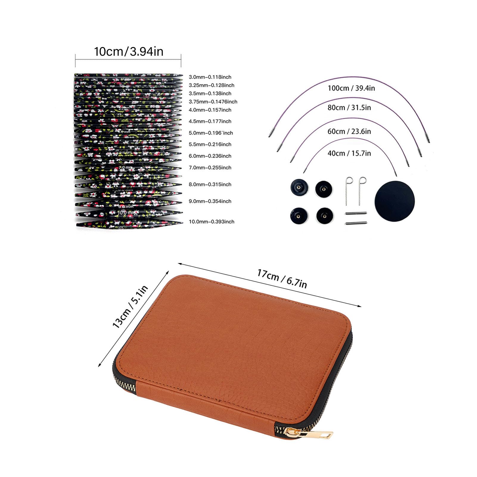 13 Paar Aluminium Rundstricknadeln Set mit Etui, Kabel und Zubehör 3mm-10mm Rundstricknadeln mit Druck für Brginner und Erfahrene Strickliebhaber