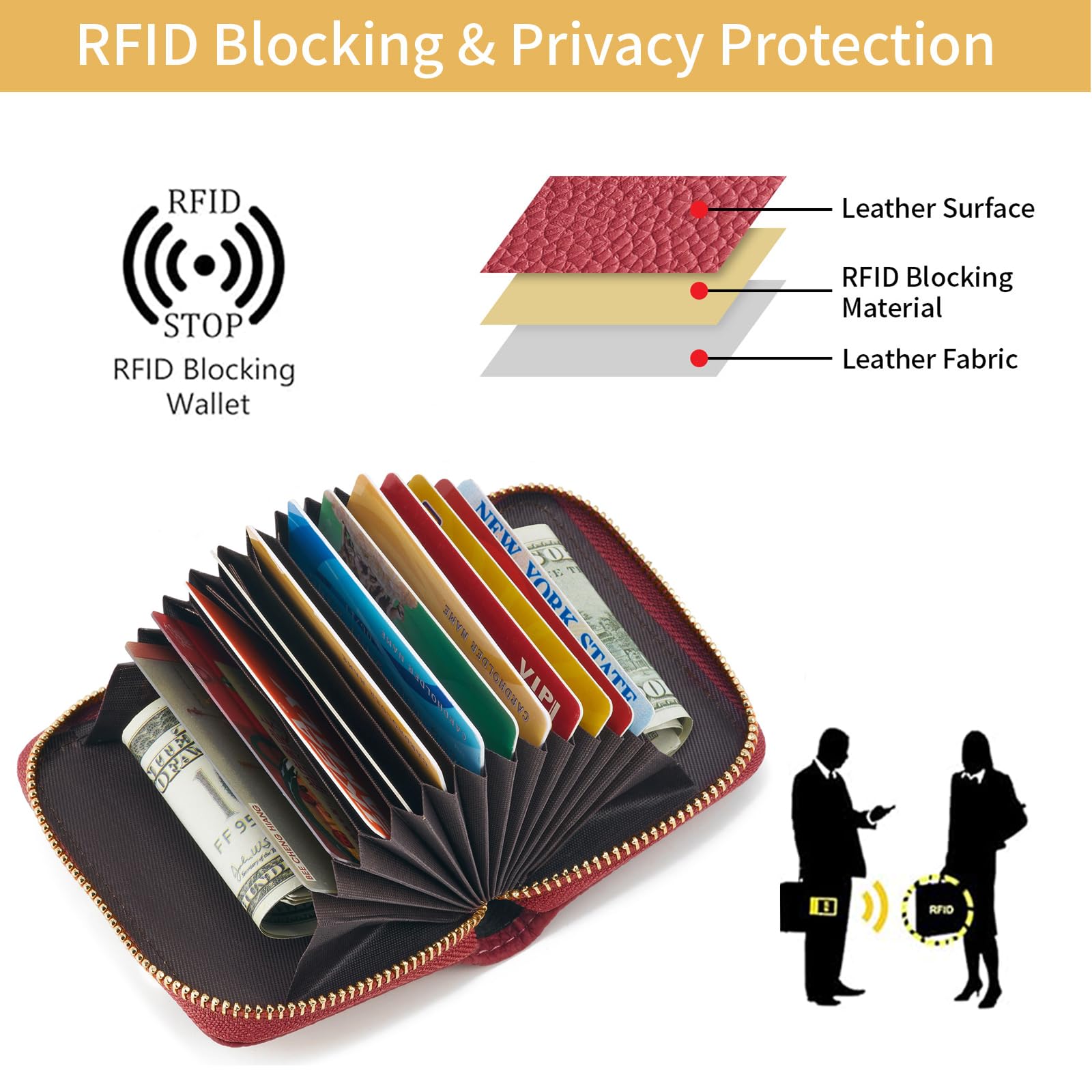 Porte-cartes de crédit avec blocage RFID et fermeture éclair pour homme et femme, taille compacte, 14 emplacements,, Rouge