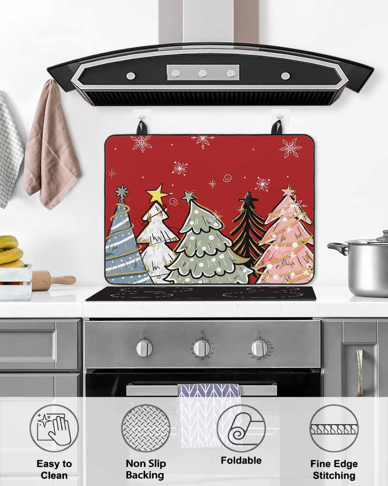 Christmas Stove Top Cover 28.5x20.5 Inch – Pine Tree & Snowflake Pattern, Non-Slip Heat-Resistant Mat For Electric Glass Cooktops, Kitchen Decor