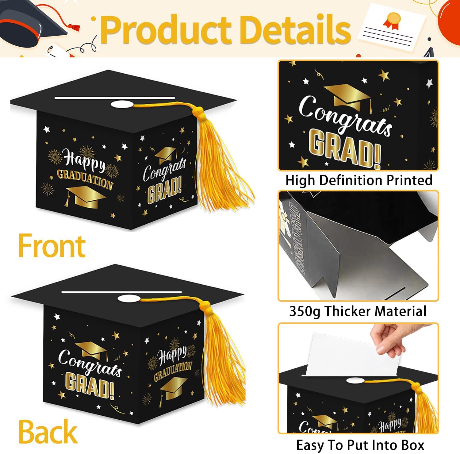 Jremreo 7.9x7.9x10.2 Inches Graduation Card Box Holder, Large Congrats Grad Foldable Cardboard Suggestion Voting Box, Graduation Cap Design with Tassel, Ideal for Votes at Grad Parties