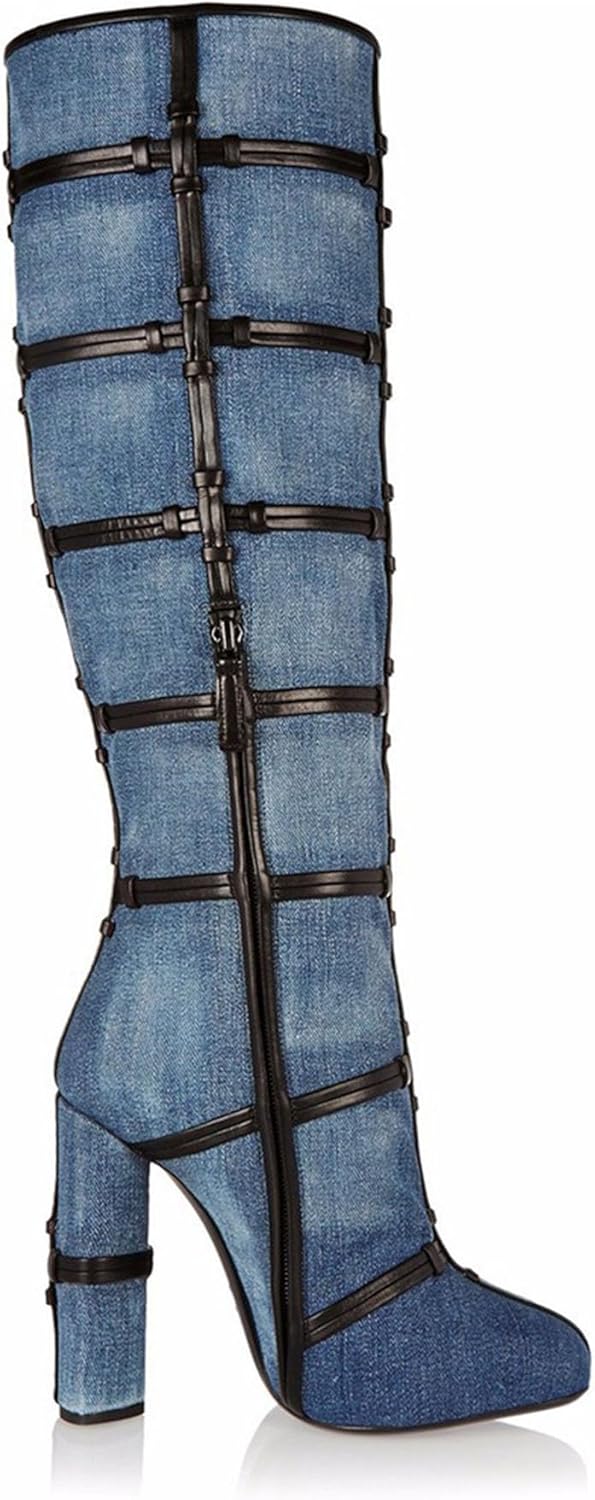 Women's Round toe Denim Knee High Boots classic Chunky Heel Long Boots Side Zipper Dress Tall Boots Mid Calf Winter Boots Fashion party Boots Sexy Western Cowboy Boots