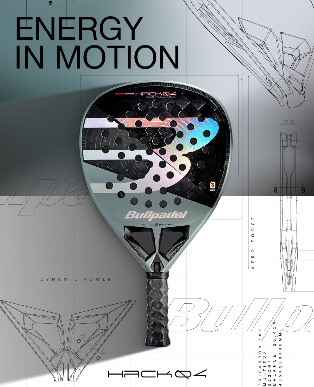 BULLPADEL Padel Racket HACK 04 2026 | Dynamic Power Pala Padel with Channel Aerodynamics | TriCarbon 18K Face, Multieva Core, Tricore Stability | Air React Channel Agility, Ease Vibe, Custom Weight