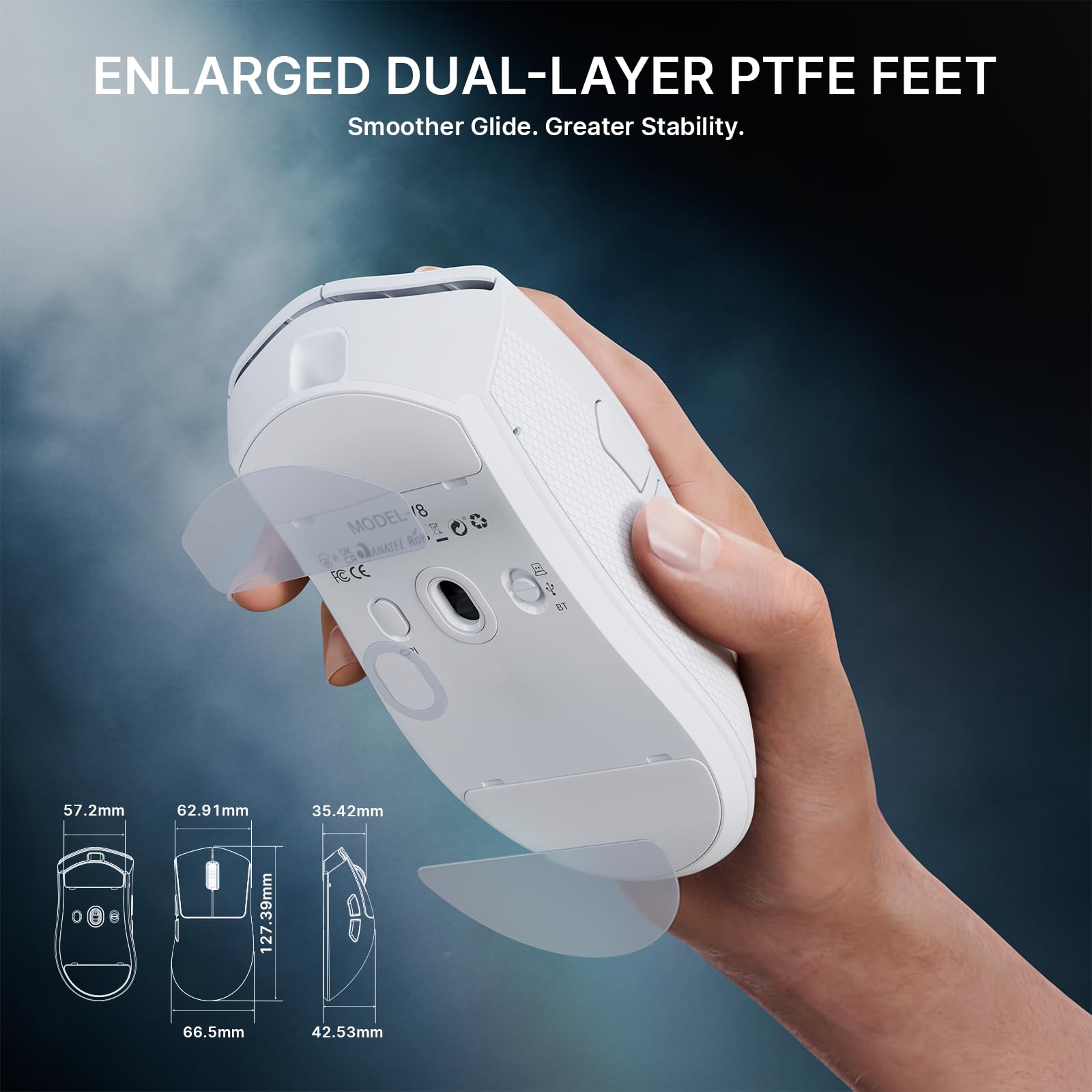 ATTACK SHARK V8 Wireless Gaming Maus mit LED Spiralkabel, Nordic 54L15 Chip, PAW3950MAX, 42000DPI, Dual 8000Hz, 59g Ultraleicht, Hai-Flossen-Dongle Design, 2.4Ghz/BT/Kabel für PC, Weiß & Griffband