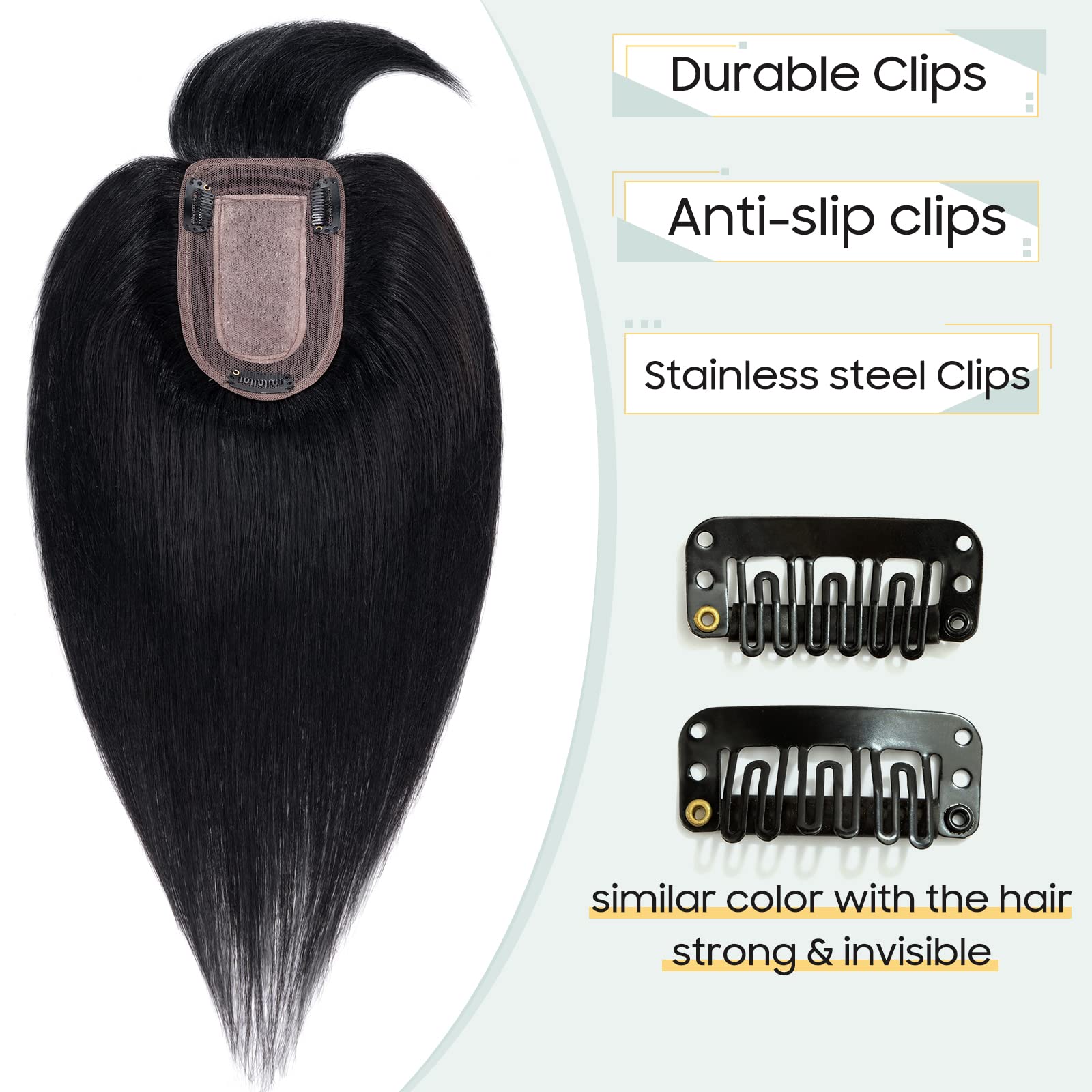 S-noilite Hair Toppers for Thinning Hair Women 130% Density Hair Topper With Bang Real Human Hair Clip In Hair Extensions 30g(#1 Jet Black - Image 4