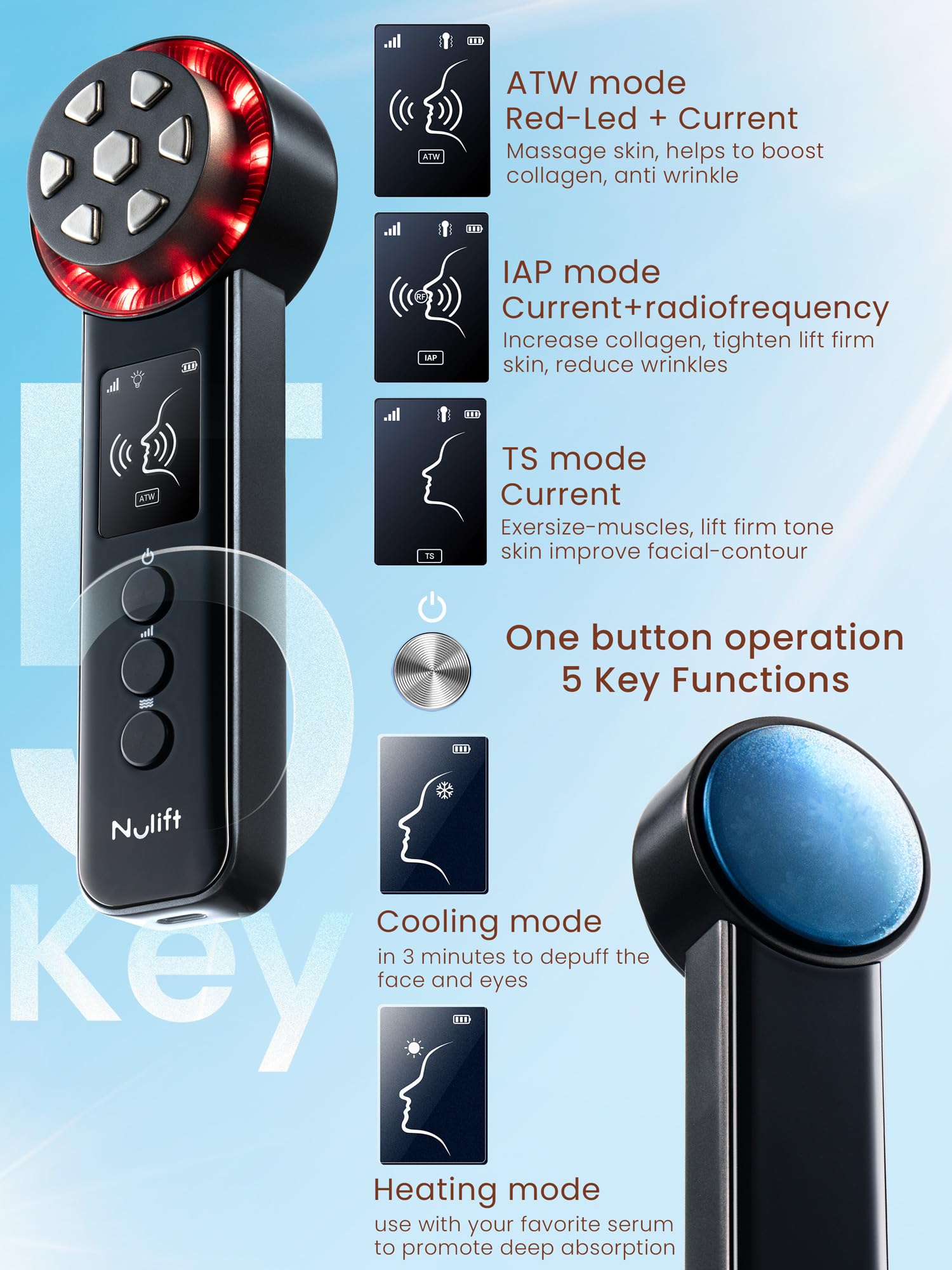 Radio Frequency Skin Tightening Device, Smart Electric Zinc Alloy Facial Beauty Machine with RF-Current Cold Heat for Jawline Lifting, Cheek Firm, Wrinkle Reduction, Depuff, Increase Absorption