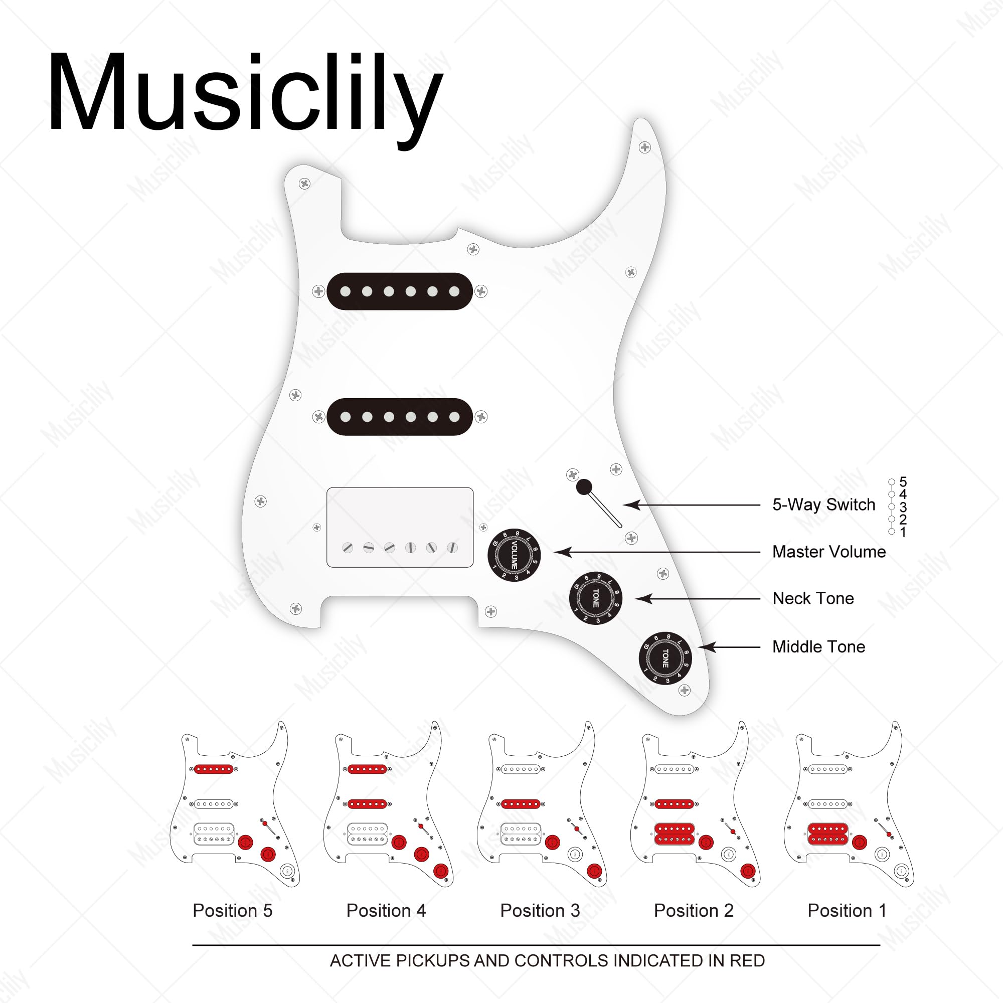 Musiclily Pro HSS Pre-Wired Loaded Pickguard Golpeador Pre-cableado con Artec Pastillas Alnico 5 para Guitarra Eléctrica tipo Strat, 3 capas Negro