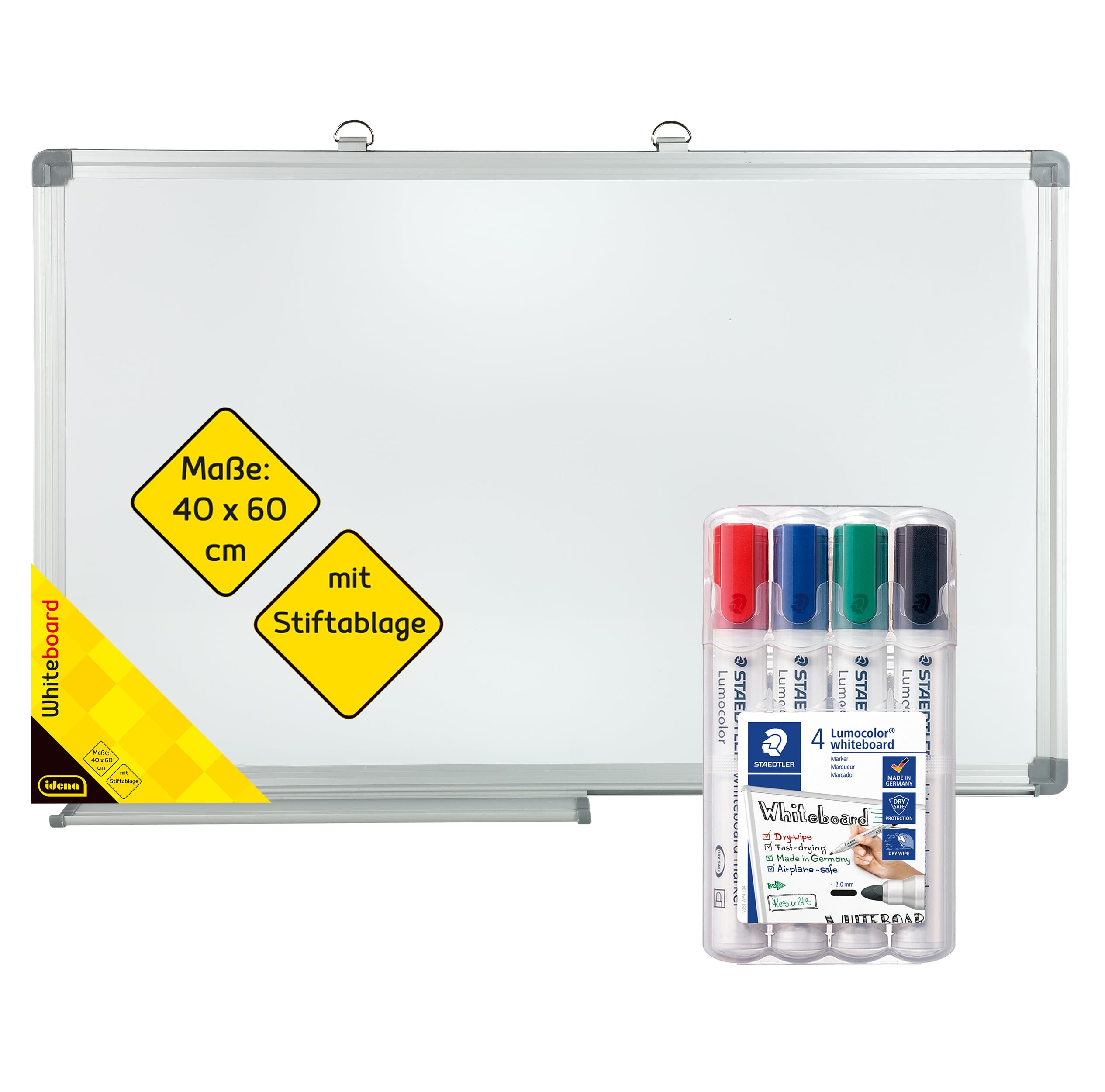 Idena 90882 - Pizarra blanca con bandeja para rotuladores, aprox. 60 x 40 cm, incl. 4 rotuladores STAEDTLER Lumocolor para pizarra blanca con punta redonda de aprox. 2 mm de ancho de trazo