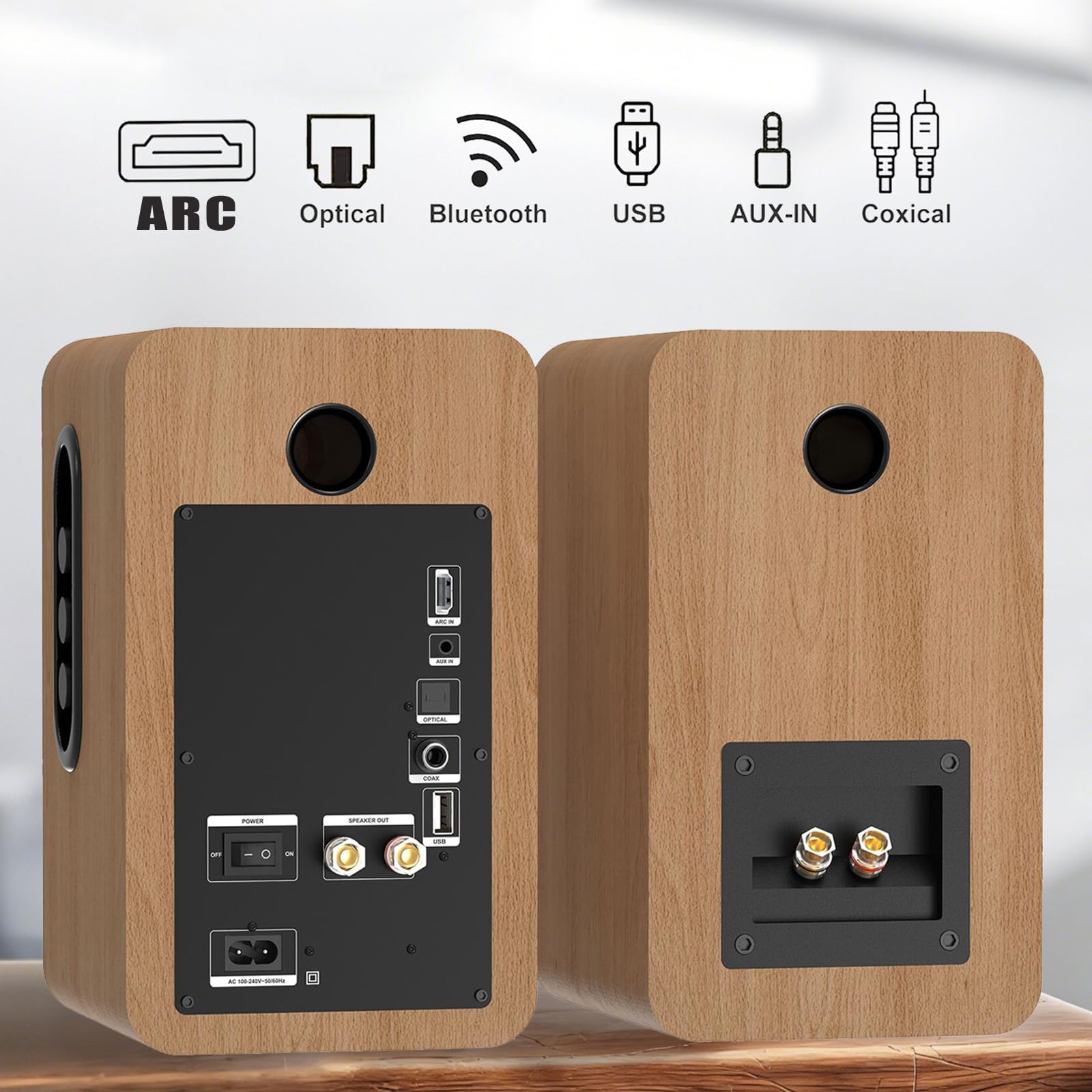 LONPOO Aktiv Regal-Lautsprecher Paar,100W RMS Aktivlautsprecher mit 4-Zoll Kohlefaser-Tieftöner, Bluetooth5.3, HDMI ARC, Optisch, Koaxial, USB, AUX-IN, Fernbedienung (LP-42X Gelb)