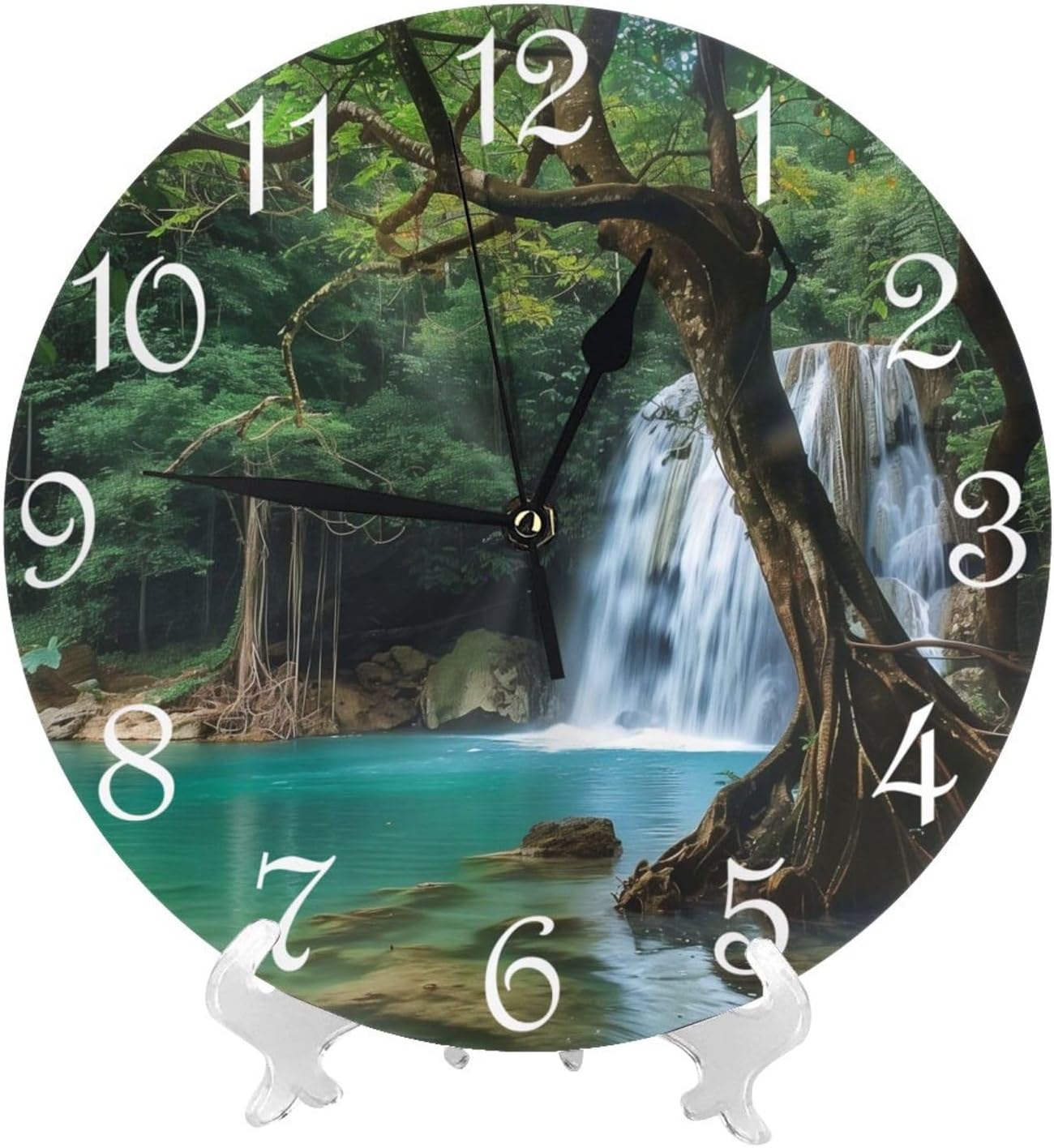 Wall Clock Battery Operated 10 Inch Silent Non Ticking Nature Theme,Jungle Waterfall Pattern,Decorative for Living Room Bedroom Bathroom Farmhouse,Green Blue