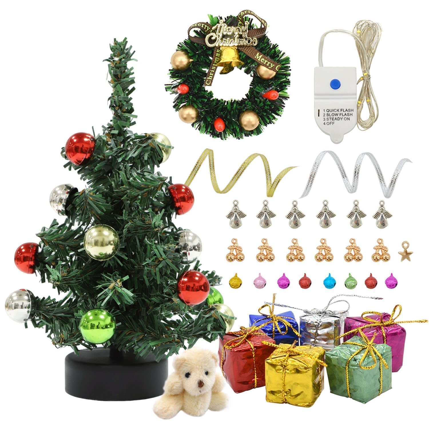 iLAND Dollhouse Christmas Decorations, 6 inch Mini Christmas Tree with Lights, Christmas Dollhouse Miniature of 1/12 Scale Accessories