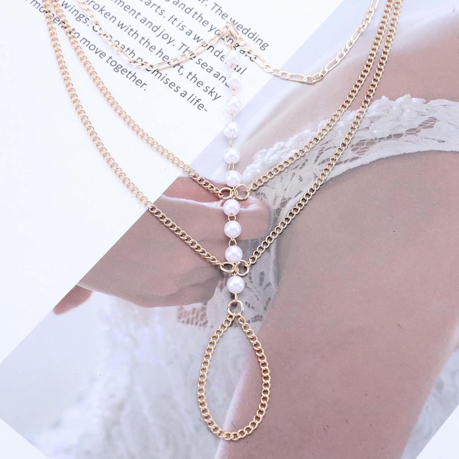 Vintage Layered Pearl Finger Ring Bracelet Gold Pearl Slave Bracelet Pearl Ring Wrist Bracelet Boho Pearl Chain Bracelet Pearl Slave Hand Harness Chain Bracelet Jewelry for Women - Image 4