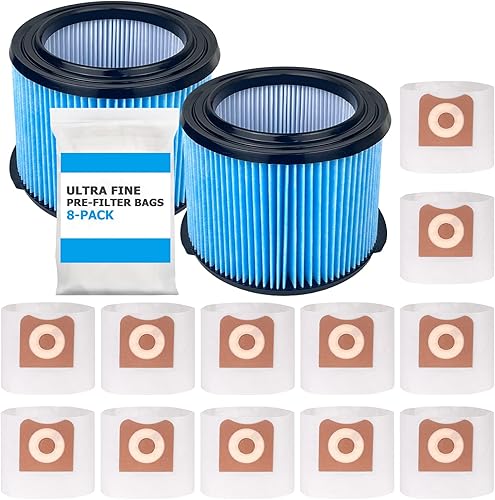 Paquete de 12 bolsas de polvo VF3501 con 2 filtros de repuesto VF3500 compatibles con aspiradora Ridgid de 3 a 4.5 galones en húmedo y seco
