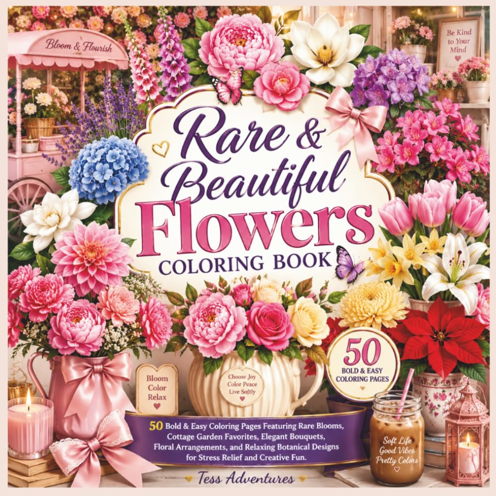 Rare & Beautiful Flowers Coloring Book: 50 Single-Sided Bold & Easy Pages of Giant Floral Bouquets, Unique Blooms, Cottage Garden Flowers, Decorative Vases, and Relaxing Botanical Designs
