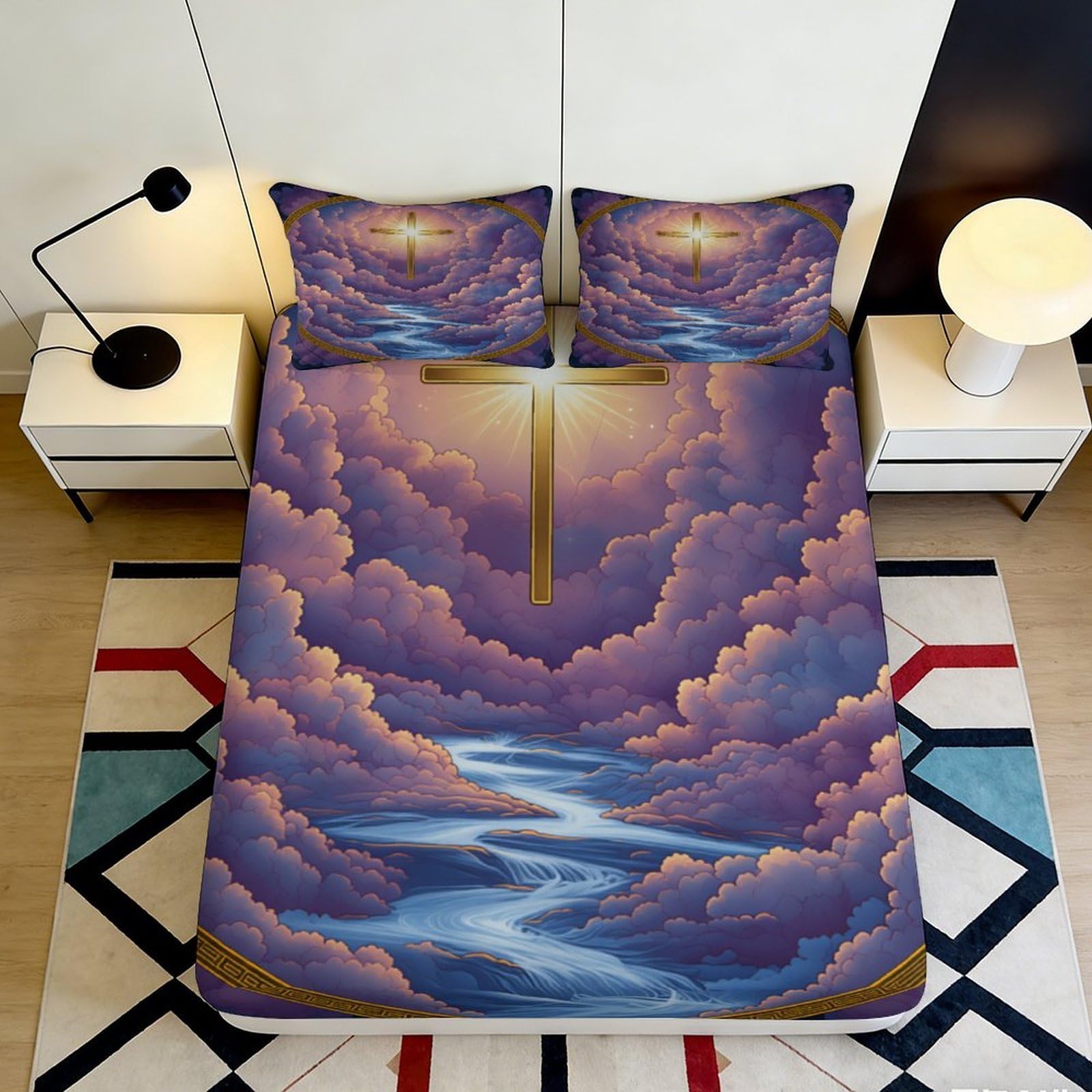 3D Printed Sunset Cross Fitted Sheet Microfiber Clouds River Mattress Cover for Bedroom Dorm Easy Care Decor 180x200x25cm