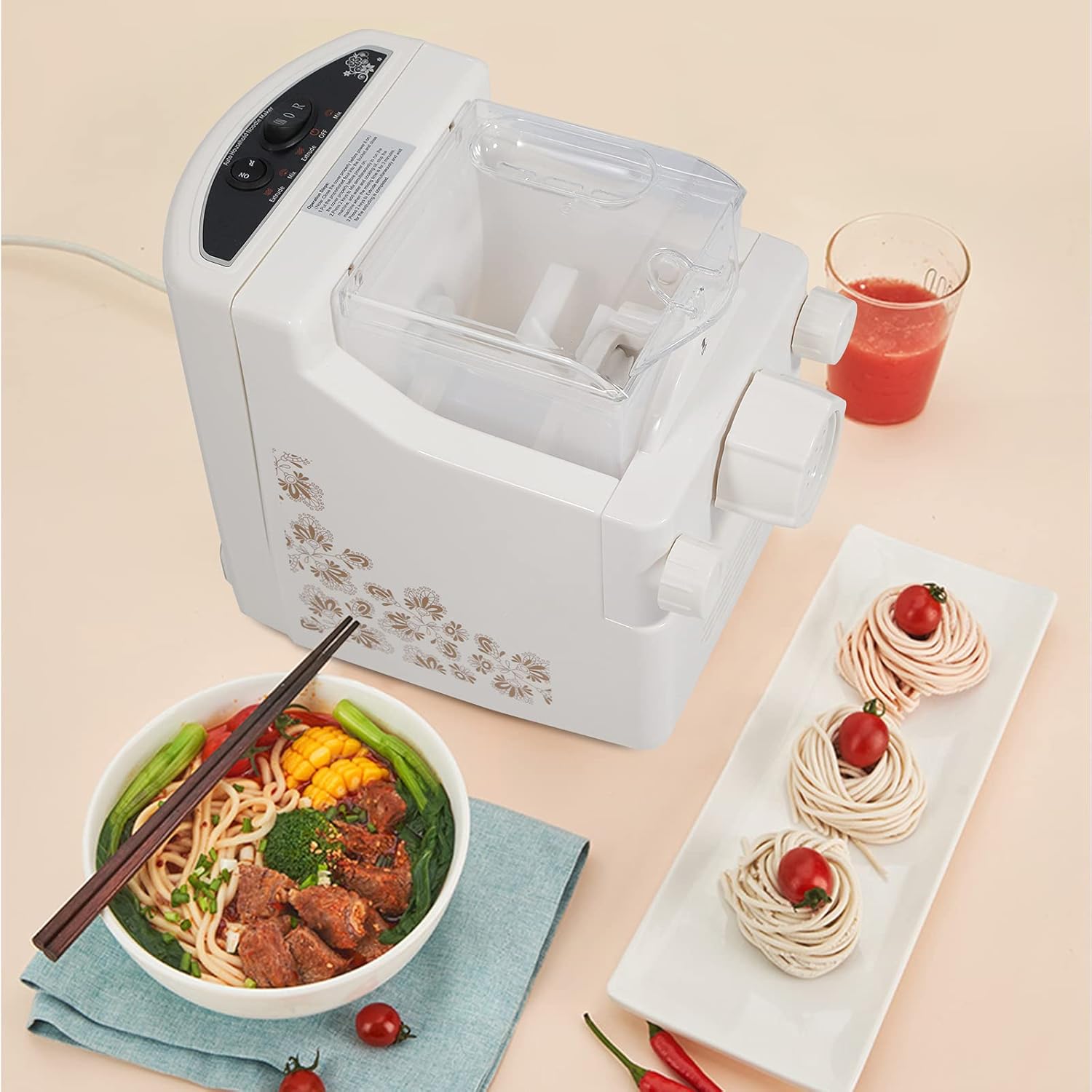 Nine different pasta molds and examples of pasta types they produce.