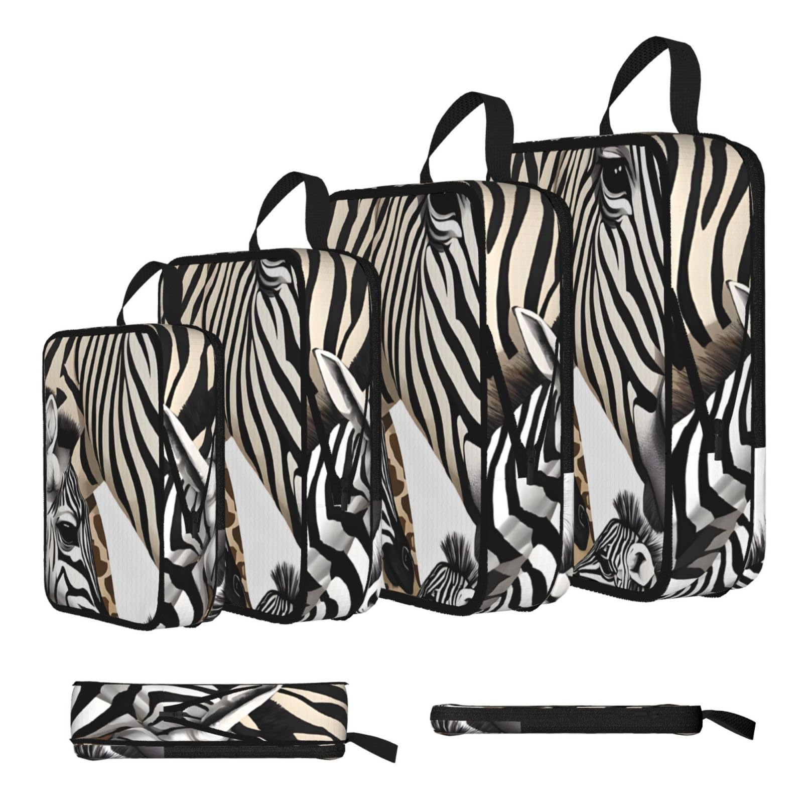 Ezdlowvba Black Zebra And Giraffe Print Compression Packing Cubes 4-Piece Set With Multi- Compartment Travel Bag, Waterproof Suitcase Organiser Bags