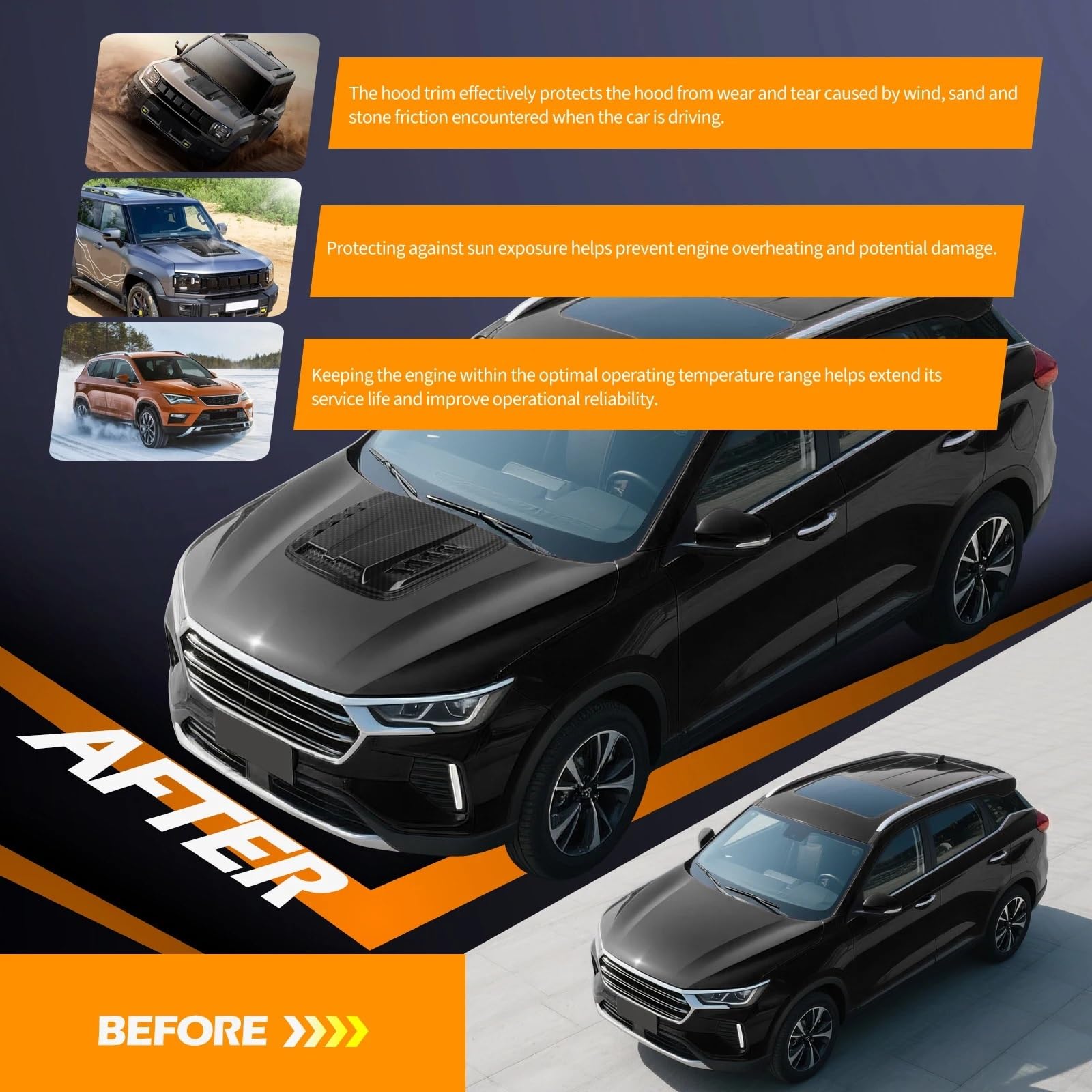 Tuning zewnętrzny samochodu Hood Scoop Kratka wlotu powietrza | Uniwersalny wygląd czarnego karbonu 18,9" x 14,17".(3)