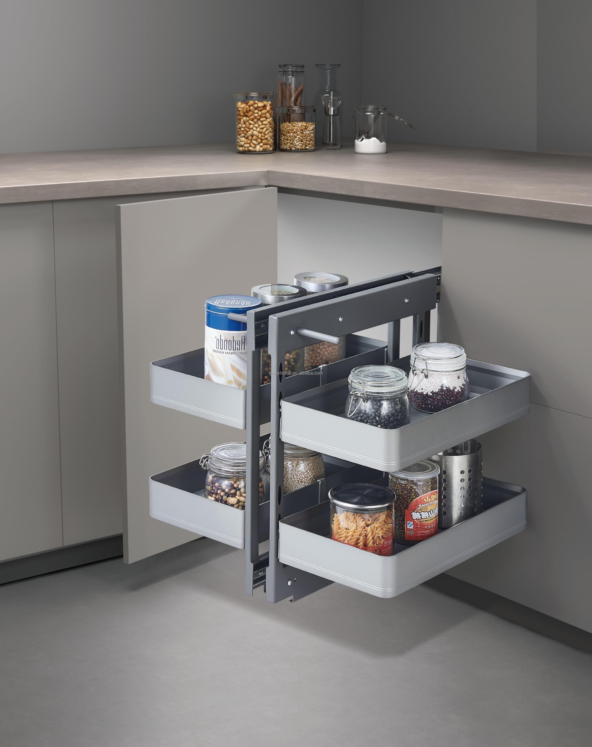 DBR Kitchen Aluminum Alloy Pull-Out Maigic Corner Organizer Swing/Magic (1Set, Universal Magic Corner) Gray-image-5