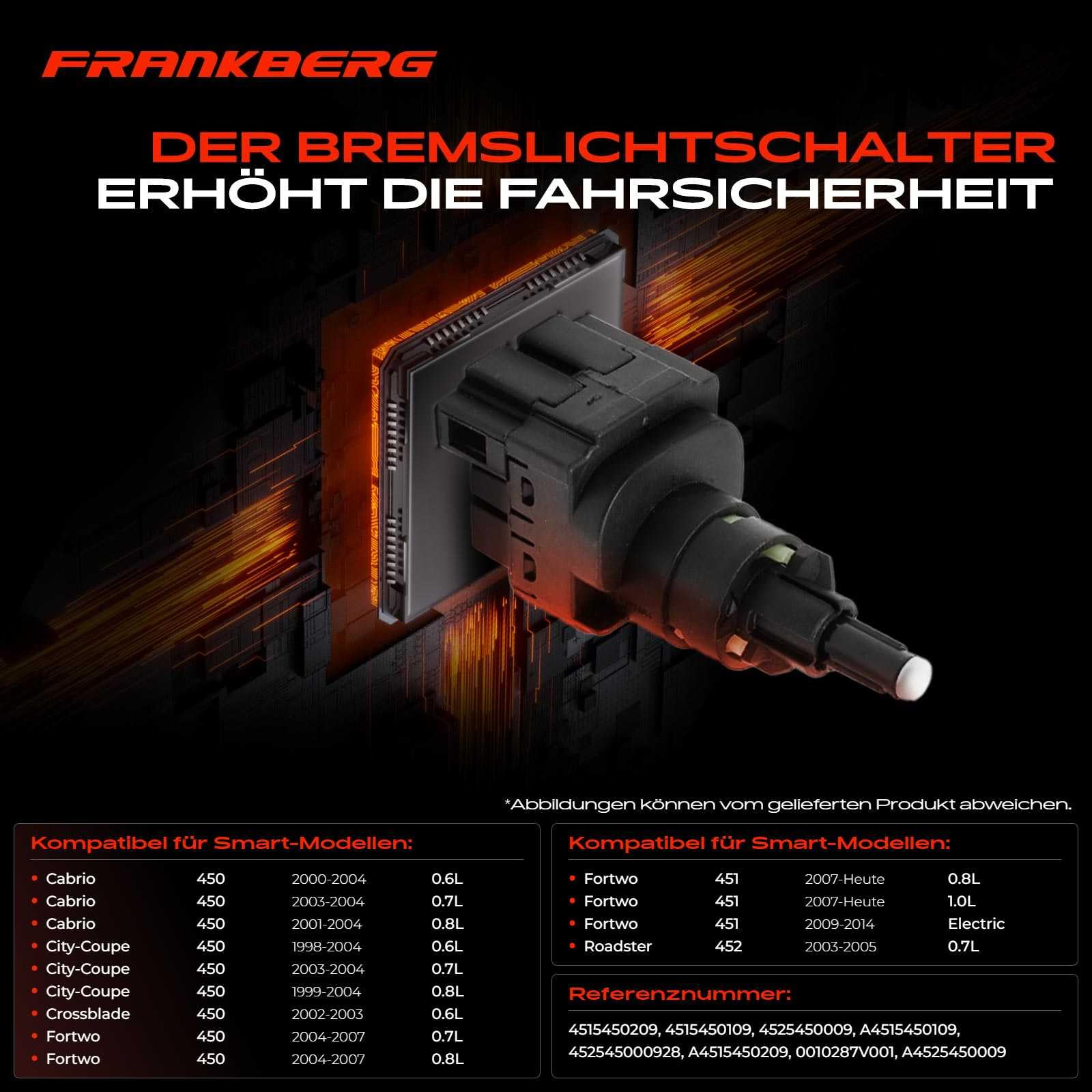 Frankberg Bremslichtschalter Kompatibel mit Cabrio City-Coupe Crossblade Fortwo Cabrio Coupe R-o-a-d-s-t-e-r Coupe 1998-2021 4525450009