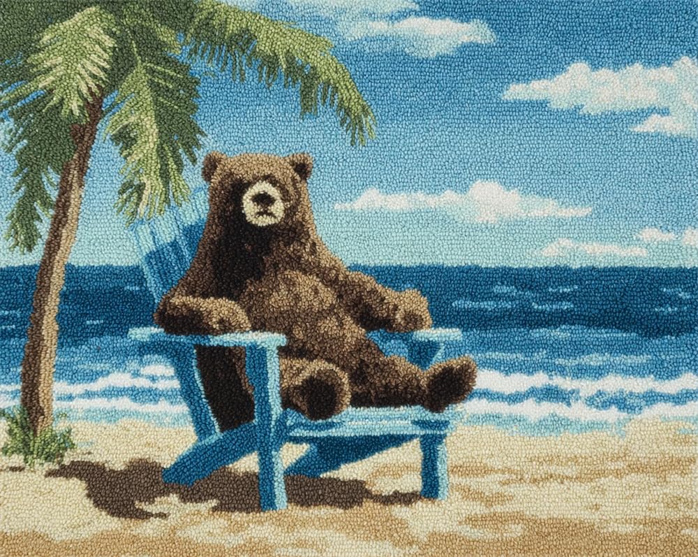 Latch Hook Rug Kit for Adults Bear Sitting On A Beach Chair with Printed Canvas Crochet Yarn Floor Mat Embroidery DIY Hook and Latch Kit Carpet for Christmas Decoration 39X55In