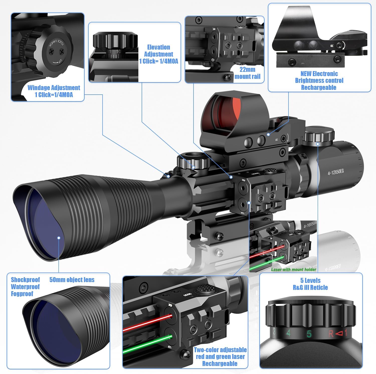 4-12/16x50EG Hunting Rifle Scope Tactical Red/Green Dual Illuminated Range Finder with Green/Red Laser 4 Models Holographic Reticle Reflex Red Dot Sight and 5 Brightness Modes Flashlight