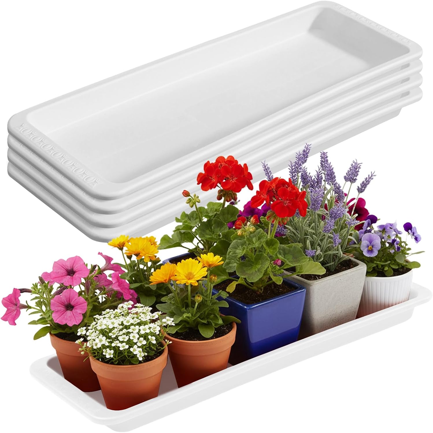 4 Pack White 24 x 8 x 1.6 Inch Rectangle Plant Saucer Large Plastic Plant Tray Water Drip Trays for Windowsill Flower Pot Planter Drainage Germination Garden Indoor Outdoor Use