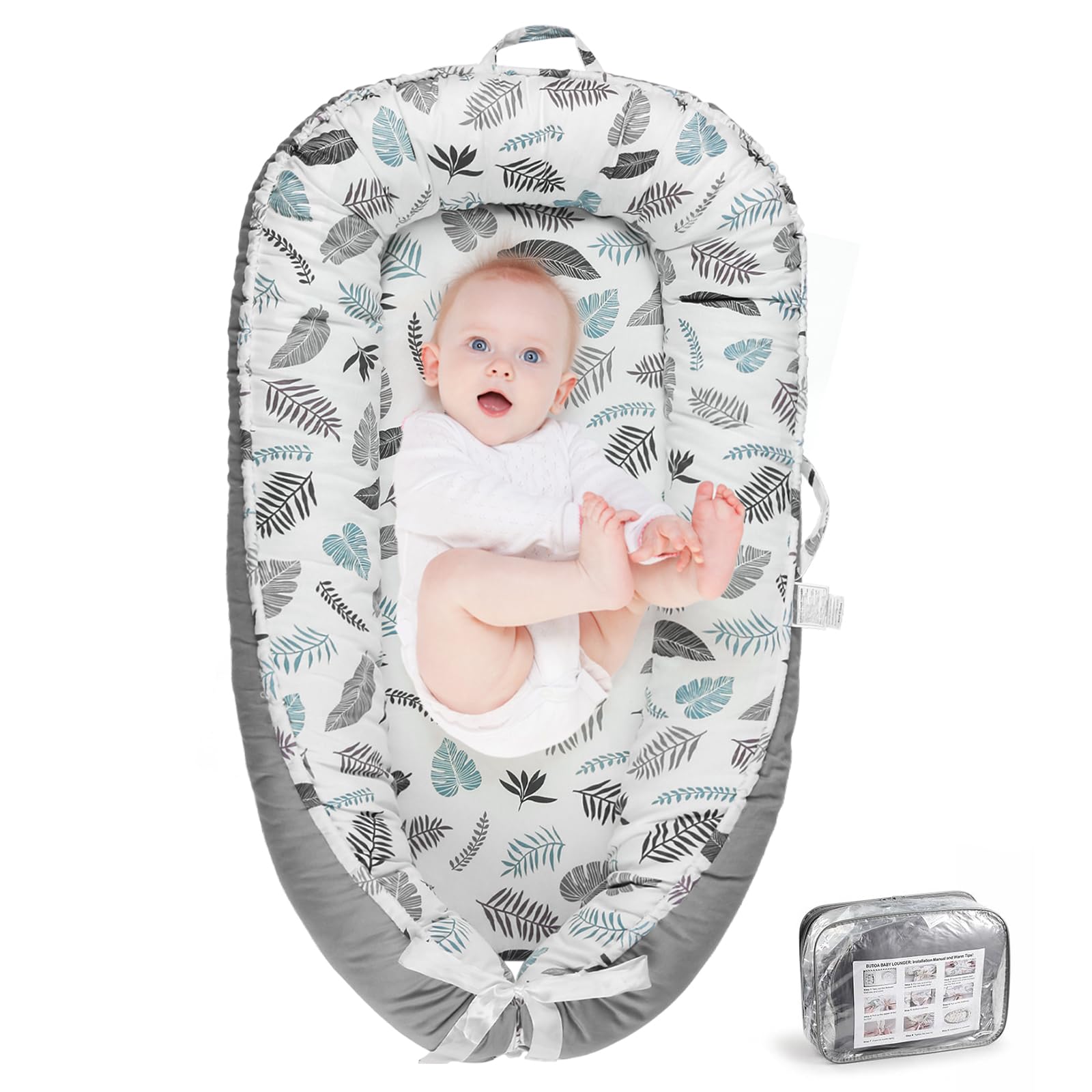Baby Lounger- Baby Lounger for Newborn 0-24 Months, Portable Infant Lounger, Co Sleeping Soft Baby Nest Lounger, 100% Cotton Breathable, Baby Floor Seat for Home & Travel - Grey Leaves