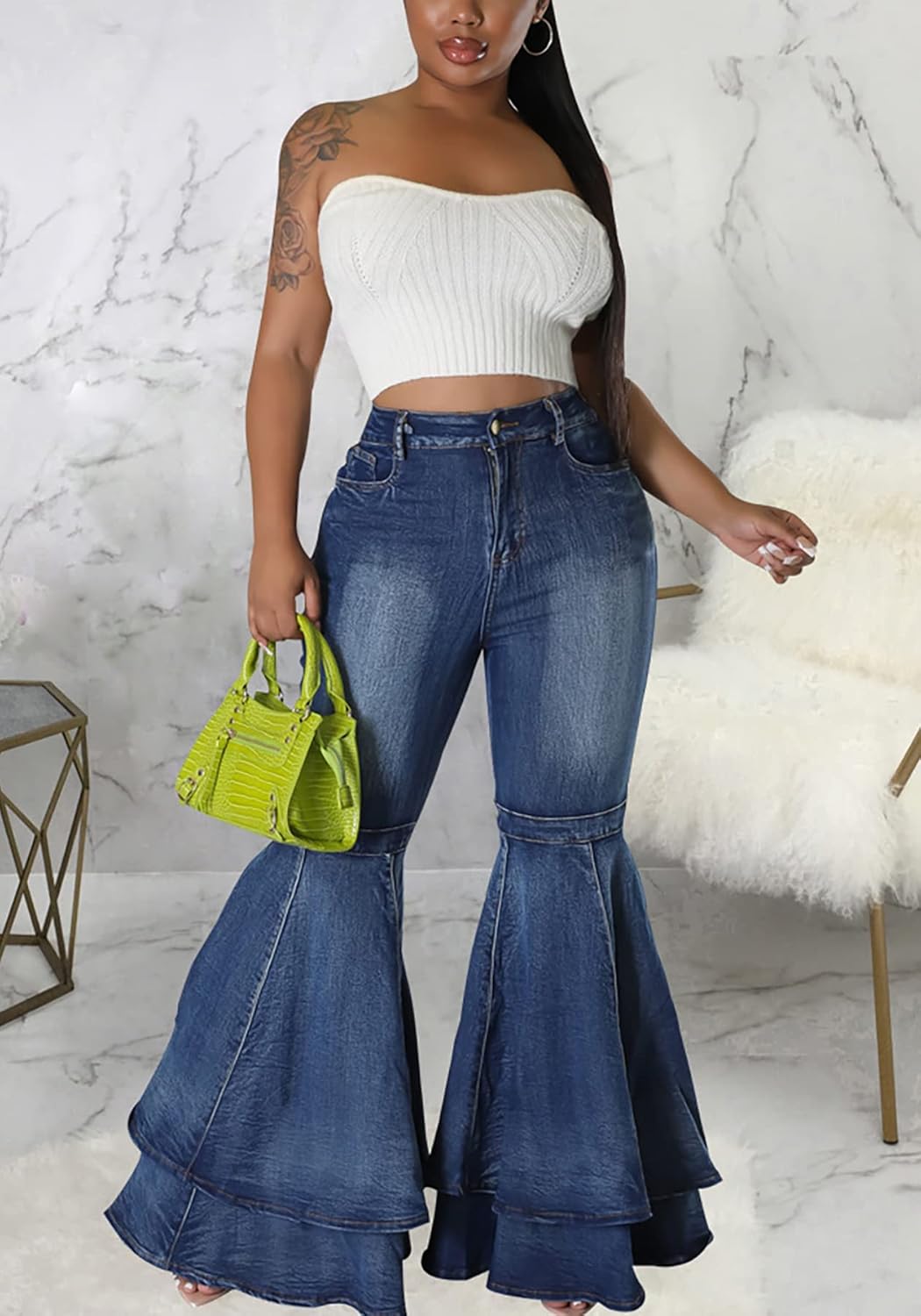 Women's Cute Flare Jeans Pleated Layered Ruffle Bell Hem Wide Leg Denim Pant - Image 2