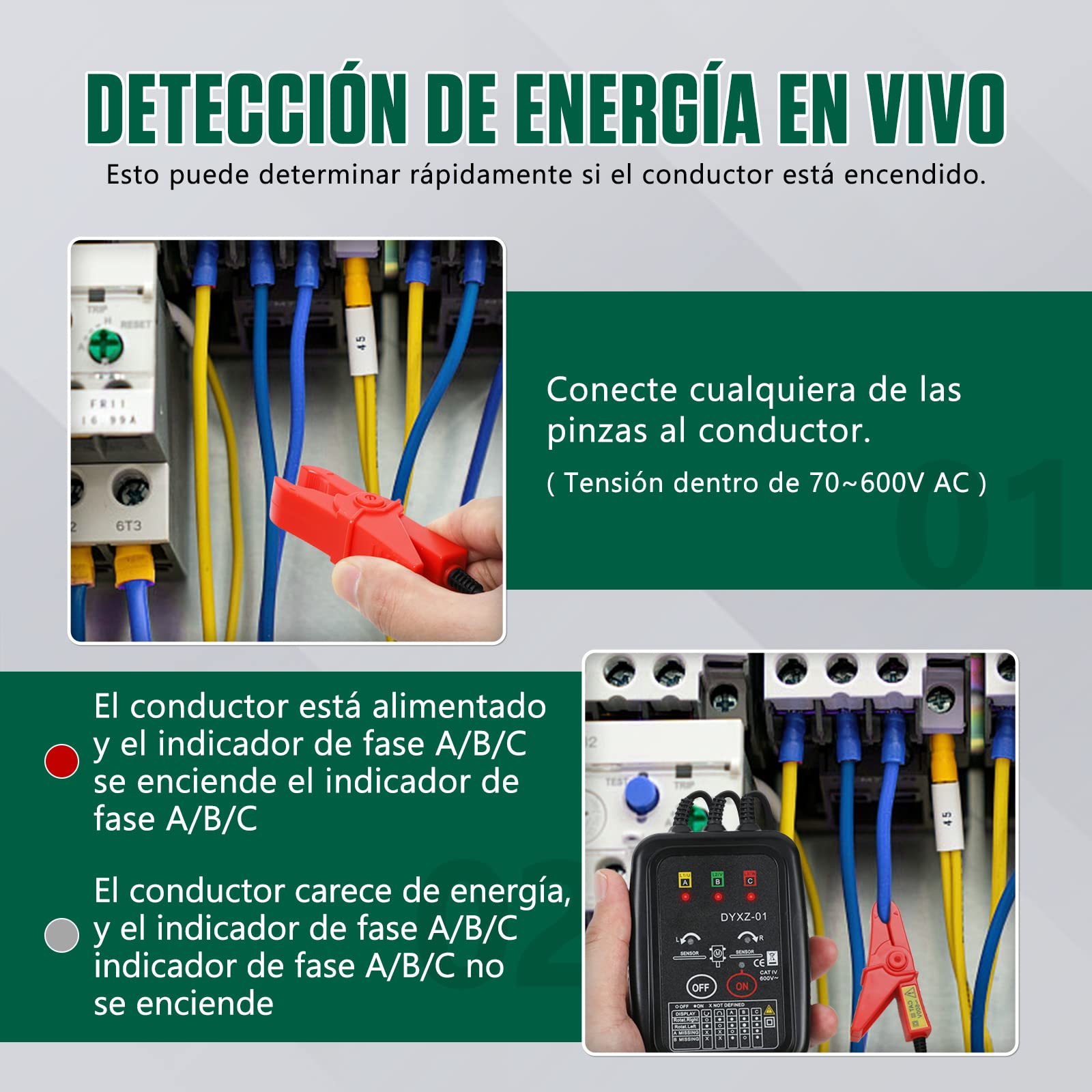 Probador de Rotación de Fases,Medidor de Secuencia de Fases sin Contacto, Comprobar de Rotación de Motores,LED Indicardor,70~600V AC Probadores de Tensión