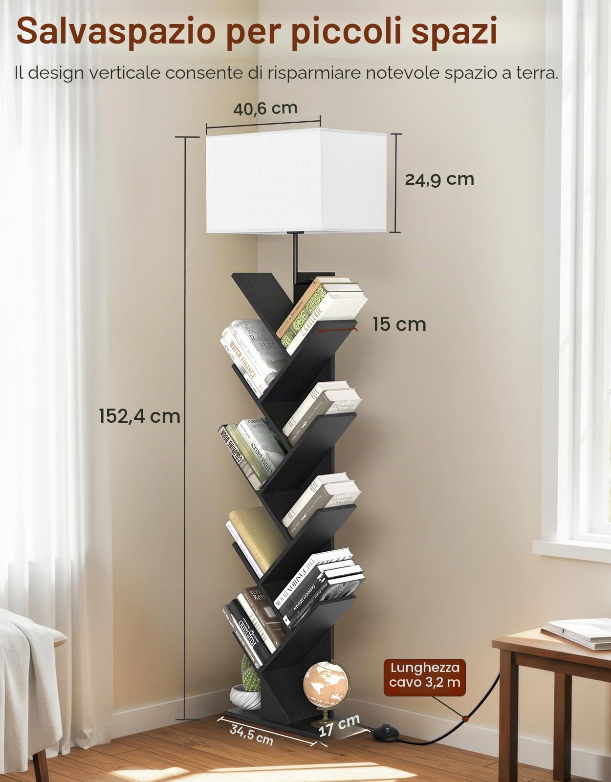Libreria ad Albero a 9 Ripiani con Luce, Telecomando e Timer – Scaffale Salvaspazio Verticale in Legno, Piccola Libreria per Libri, CD, per Cameretta, Soggiorno, Ufficio
