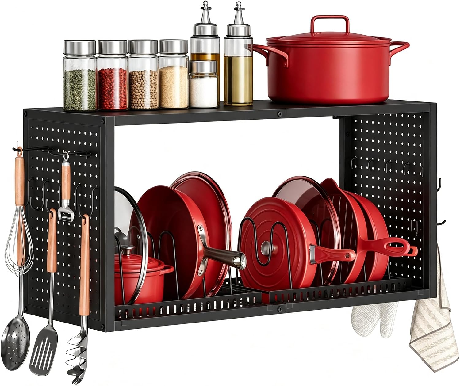 CHOEZON 3 in 1 Hanging Pot Rack Wall Mounted, 31 in Pots and Pans Organizer with 12 Hooks, Pot Lids Organizer Rack with 10 Adjustable Compartments, Sturdy Storage Rack, for Kitchen, Black TPR30BB