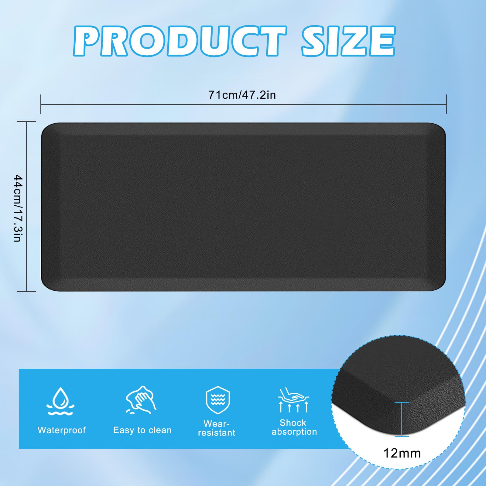 Tapis de cuisine rembourré anti-fatigue de 1,27 cm, 44 x 120 cm, tapis de sol antidérapant en mousse à mémoire de forme, pour bureau, cuisine, soulage la fatigue des jambes et les maux de dos