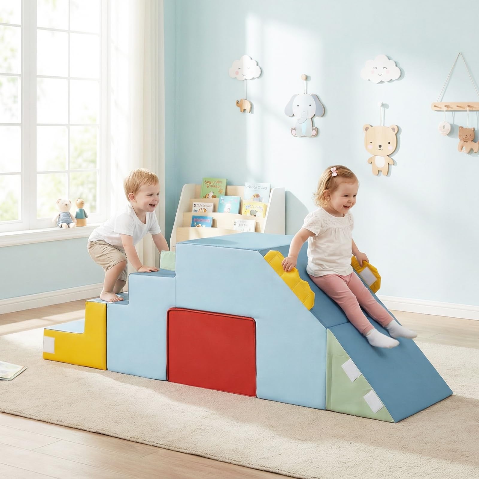 COSTWAY 3 en 1 Parcours Motricité Bébé en Mousse avec Toboggan et Échelle, Module Motricité Bébé avec Housse en Velours Lavable, Jouets Éducatifs Montessori pour Ramper Grimper pour 12 Mois+