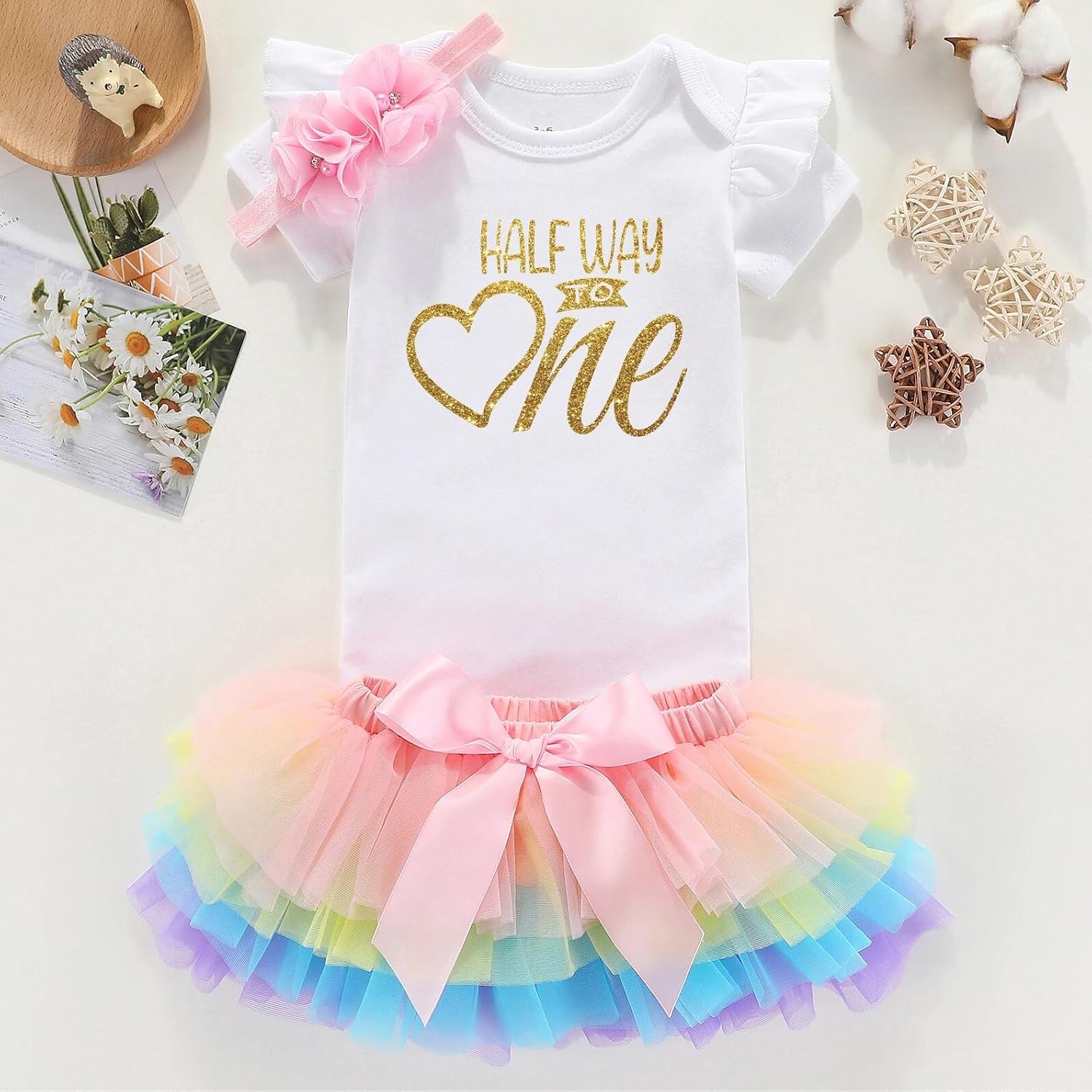 shlrzy Baby Girl Half Year Birthday Outfit Set | Half Way To First Half Birthday | Pink Bodysuit Tutu Skirt