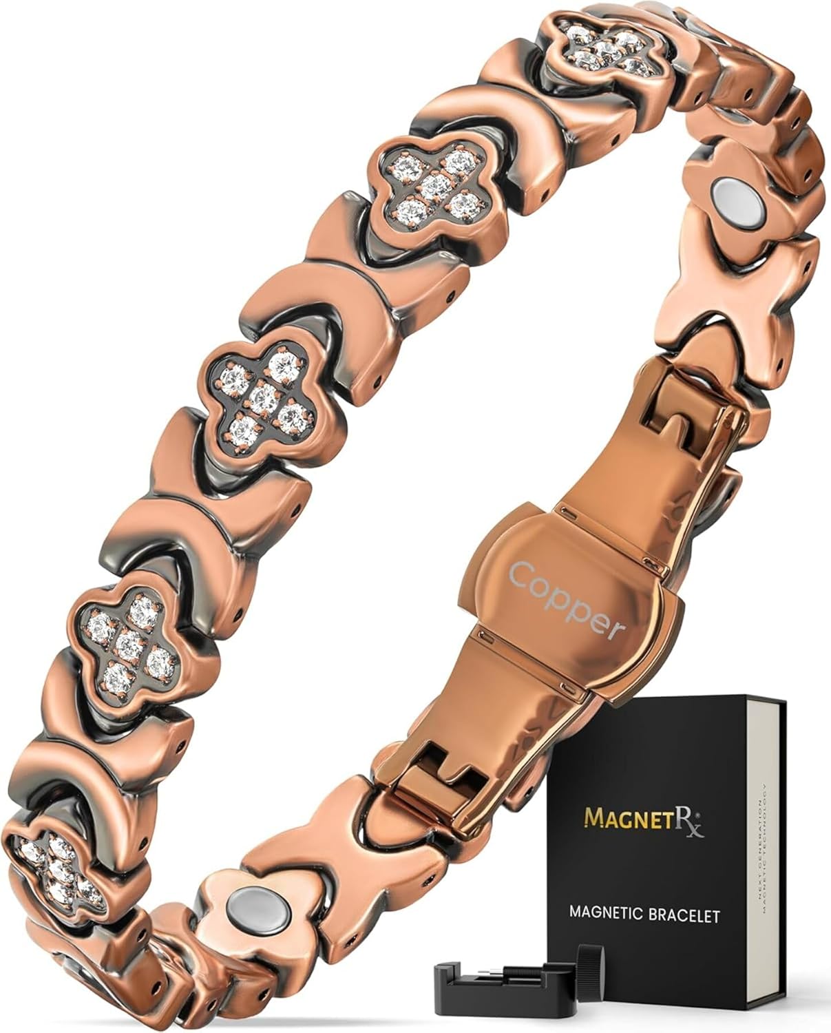 MagnetRX® Women’s Pure Copper Magnetic Bracelet - Ultra Strength Magnetic Copper Bracelet - Adjustable Length with Sizing Tool (Copper Clover)