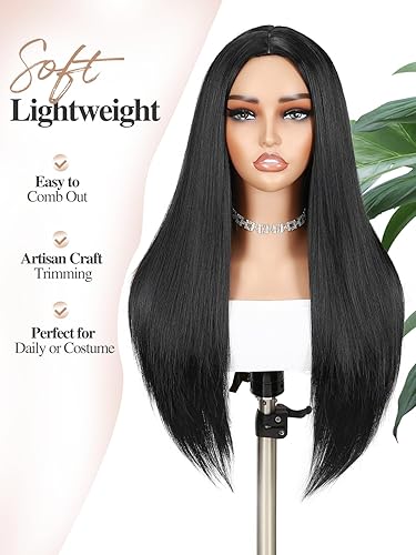 Miniatura 4 de WIGER - Pelucas para mujeres y niñas con raíces oscuras con color degradado de cabello sintético naturalmente lacio y largo, resistente al calor y