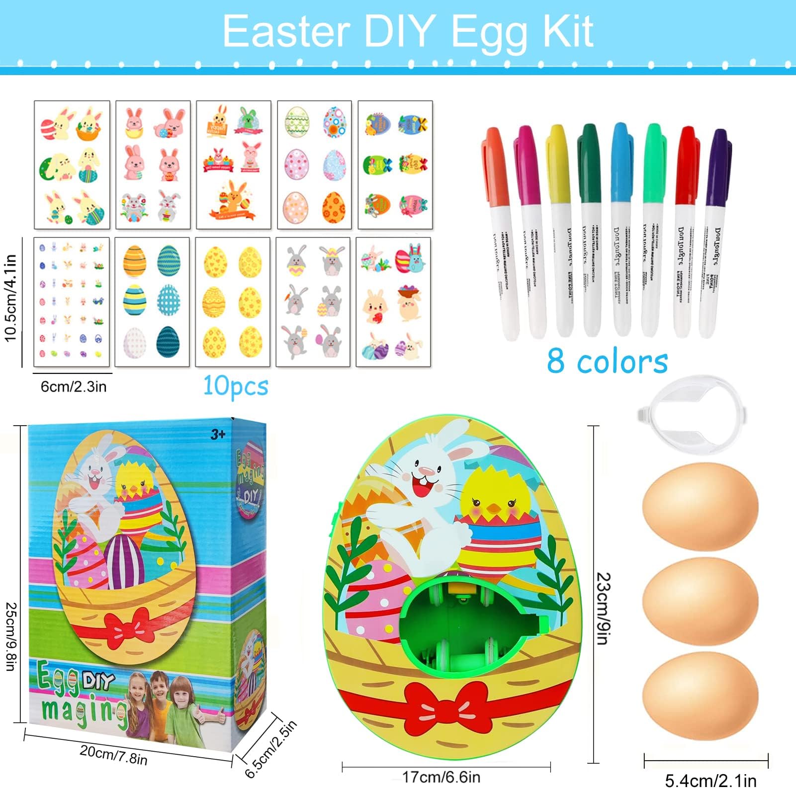 Ostereier Maschine,Osterei Dekorationsset,Ostereier Malmaschine zum Bemalen | Oster Eier Dekos Kit mit Eier-Malgerät,8 Farben Marker Stiftes, 3 Eier & 10 Aufkleber, DIY Gemalte DekoOstereier für Kinder