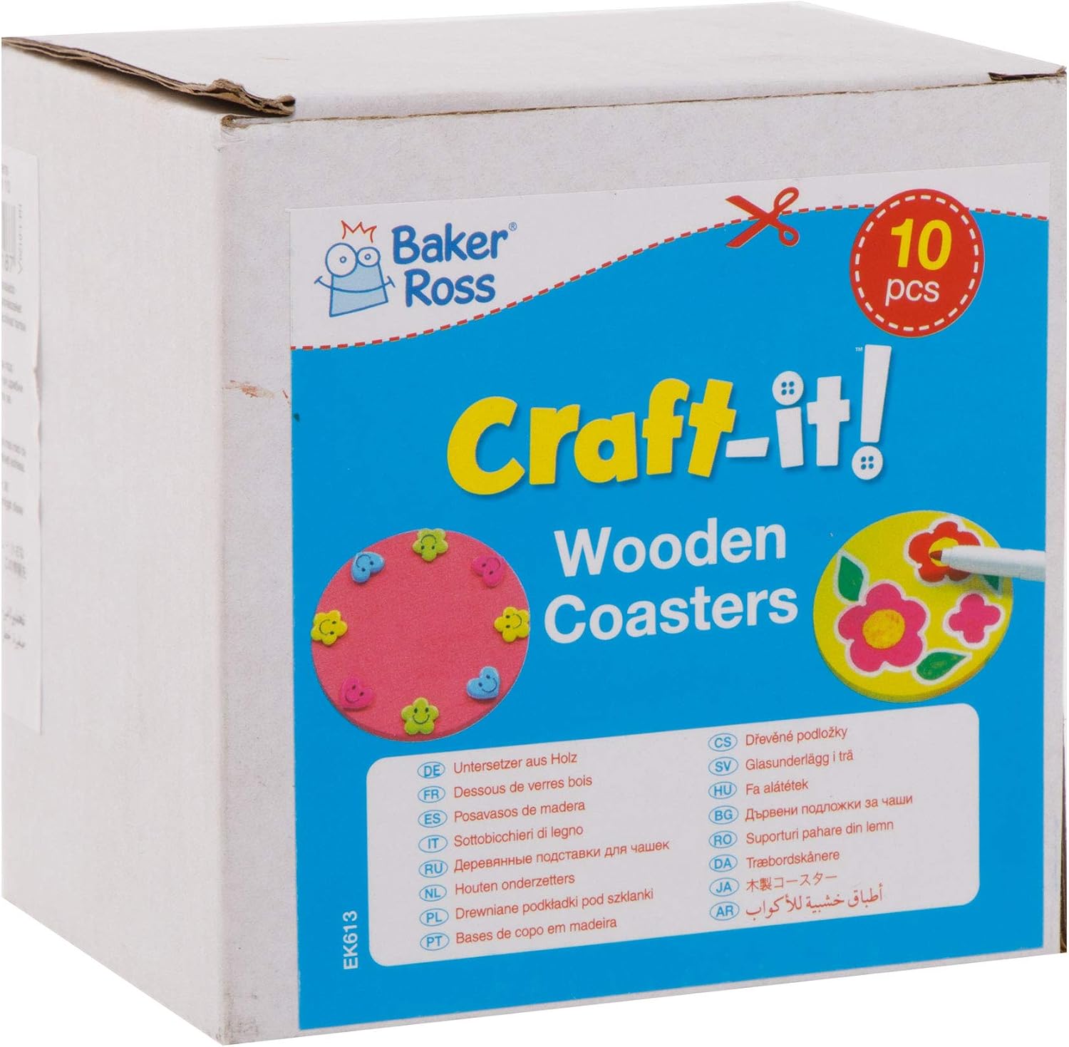 Baker Ross EK613 Wooden Coasters Box of 10, Decorate Your Own Coasters Ideal for Classroom Activities