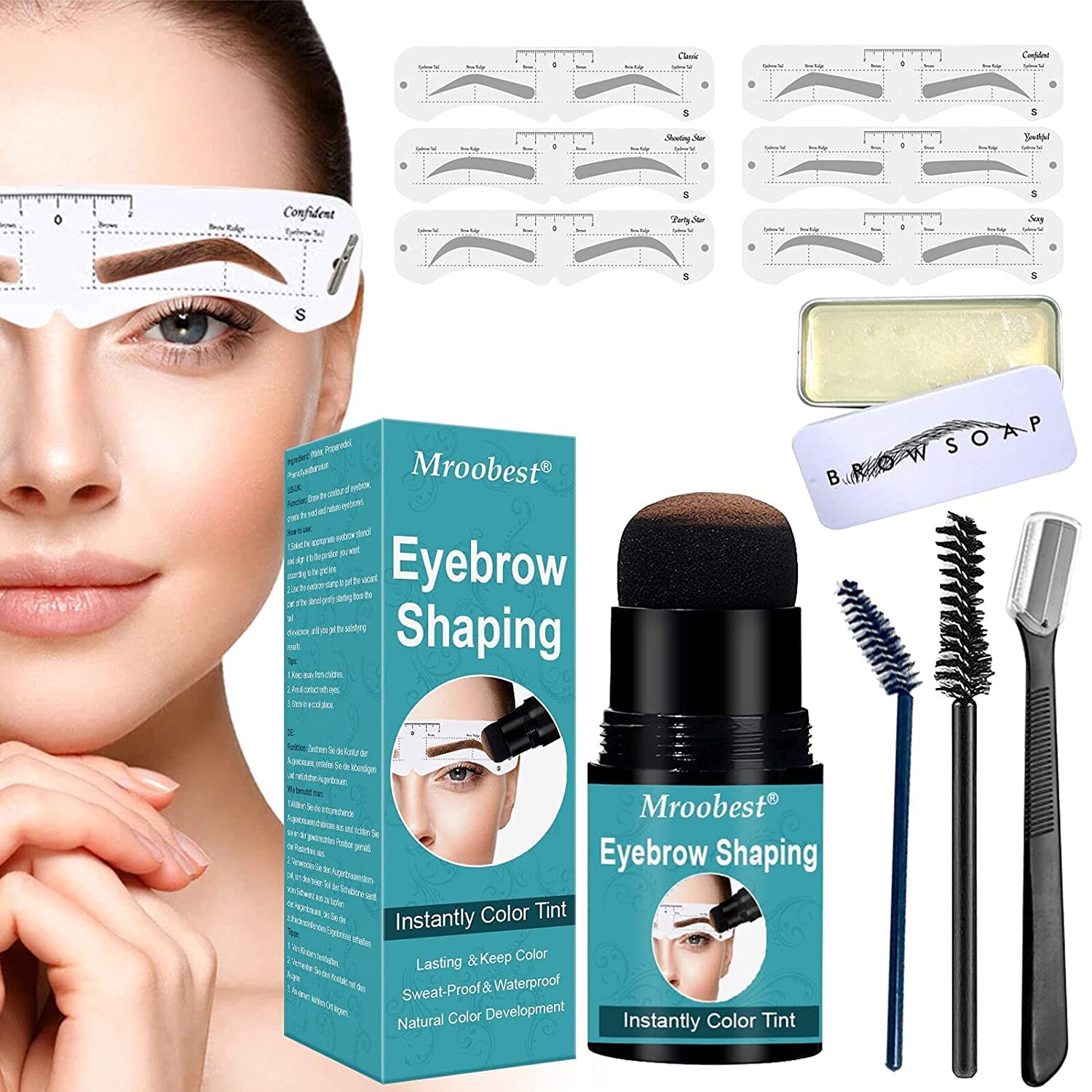 Mroobest Eyebrow Stamp Waterproof, Brow Stamp Shaping Kit, Eyebrow Stamp Stencil Kit, Eyebrow Definer, with 12 Reusable Eyebrow Stencils, Hairline Shadow Powder Stick (Medium brown)