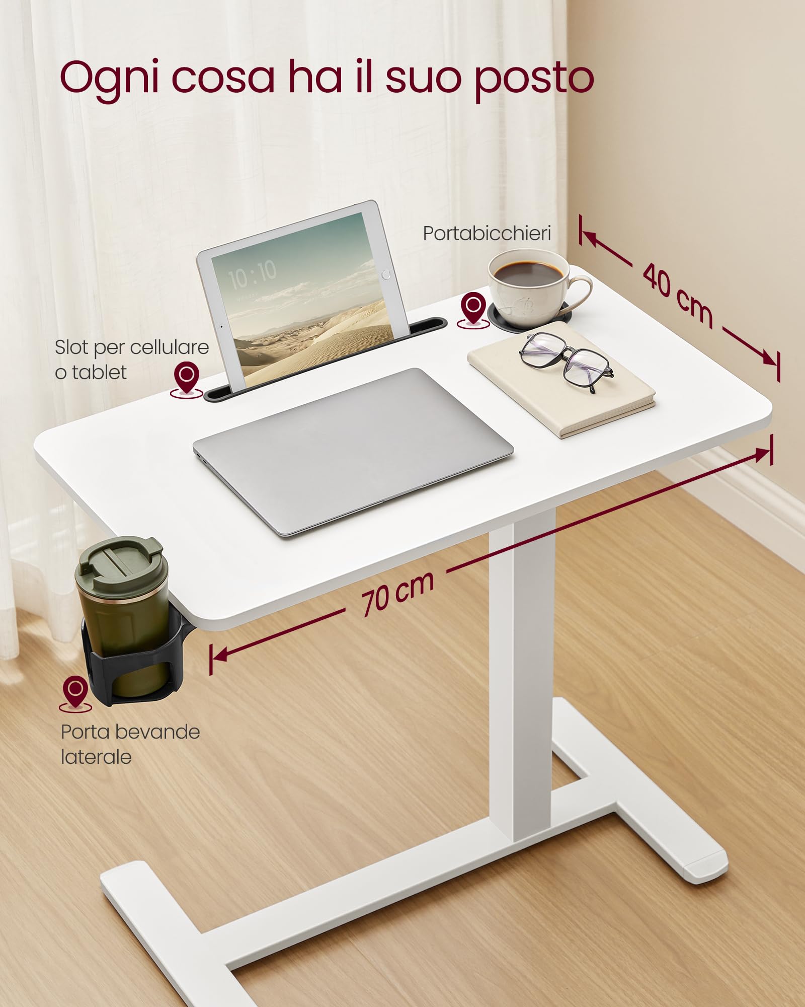 VASAGLE Scrivania con Ruote, Tavolino con Rotelle, Piano 70 x 40 cm, Regolabile in Altezza, 2 Portabicchieri, Slot per Cellulare o Tablet, Bianco Nuvola LSD600W01