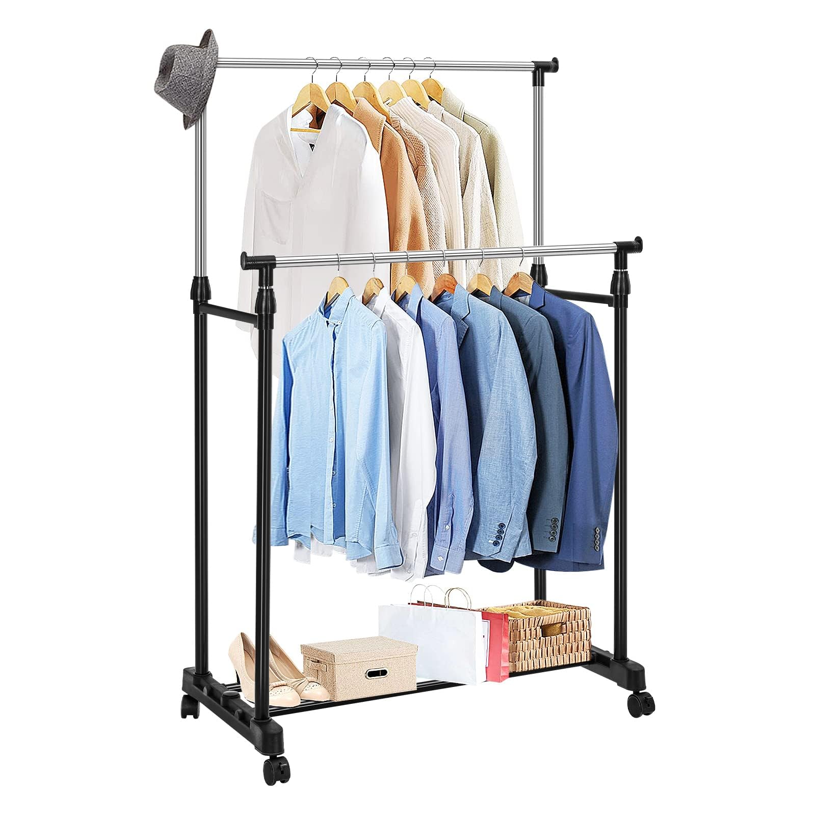 Youyijia Double Rail Clothes Rail, Portable Clothes Rack on Wheels, Extendable Hanging Rails for Clothes,Display Rack for Bedroom laundry rooms