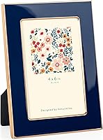 Venusmiles 4x6 Navy Blue Enamel Picture Frame with Gold Metal Edge, Real Tempered Glass, Easel & Wall Mount for Tabletop or Gallery Display