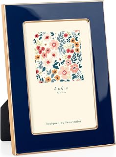 Venusmiles 4x6 Navy Blue Enamel Picture Frame with Gold Metal Edge, Real Tempered Glass, Easel & Wall Mount for Tabletop or Gallery Display