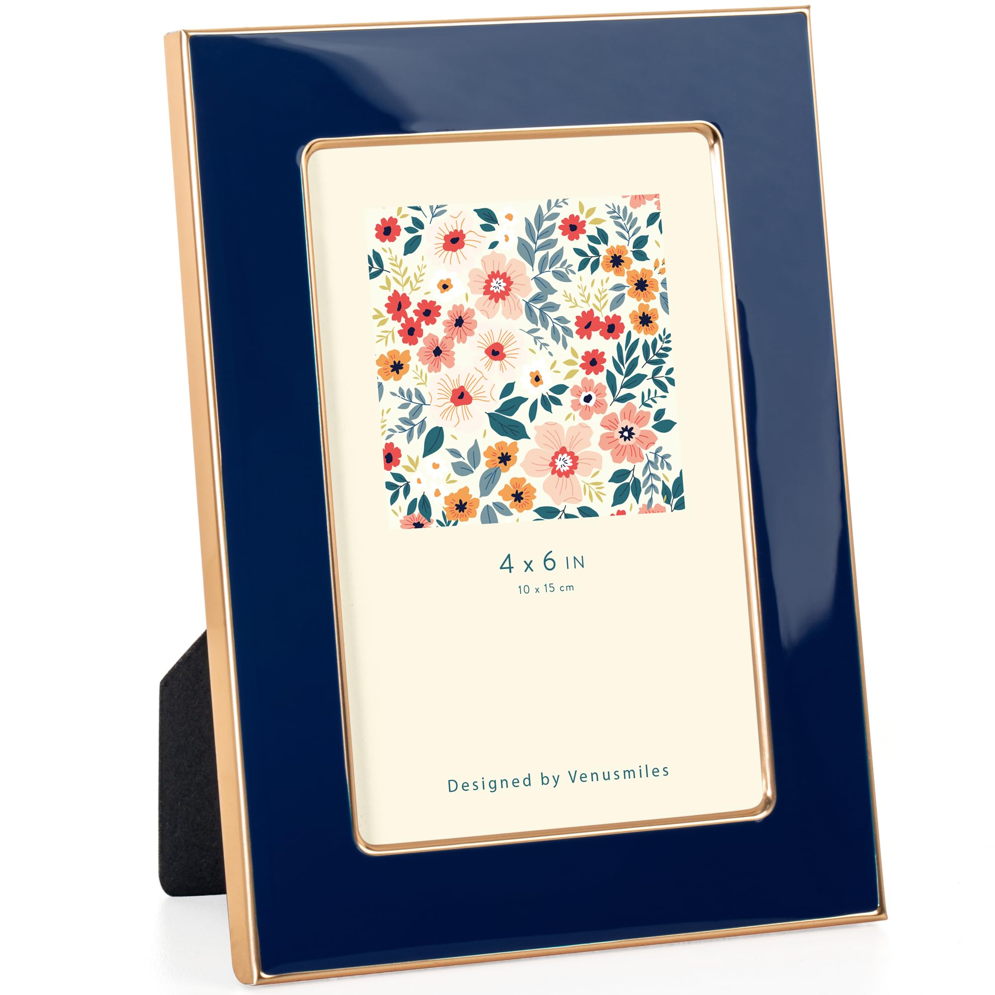 Venusmiles 4x6 Enamel Picture Frame, Gold Metal Edge with Easel, Real Glass Photo Frame for Wall and Tabletop Display Family Office Photo Gallery, Navy Blue Enamel/1pc