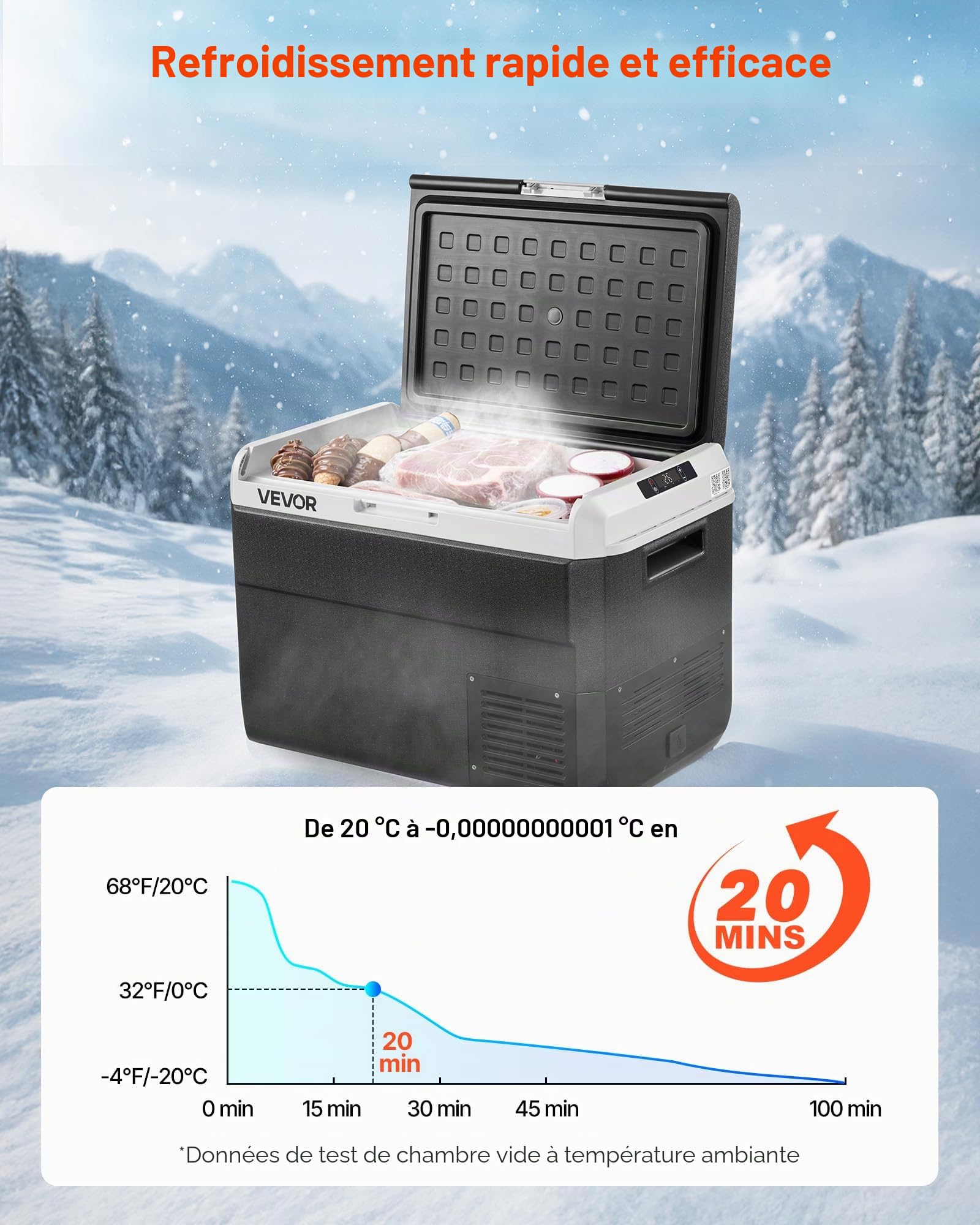 VEVOR Glacière Électrique 50 L, Réfrigérateur Portable Voiture et Maison 12/24 V CC et 100-240 V CA, pour Camping Voyage Plage Pêche, Mini Frigo à Compression, Température Réglable -20 °C à 20 °C