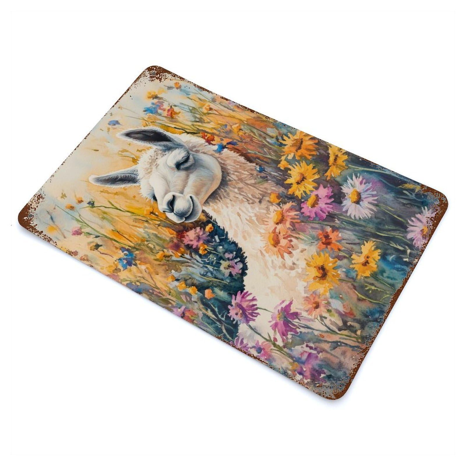 Weathered Tin Sign Llama in A Field of Flowers 11.8"x7.9", Rustic Home Decor for Bistro, Counter And Cafe Decor