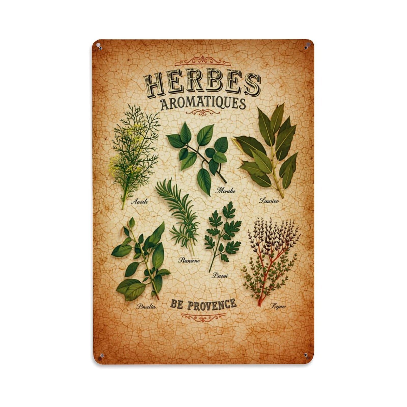 Herbes Aromatiques Be Provence Pattern Print Retro Metal Tin Sign, Vintage Decor Art Poster for Bar, Home, Man Cave, Kitchen, Laundry Room Gift 8x12Inch
