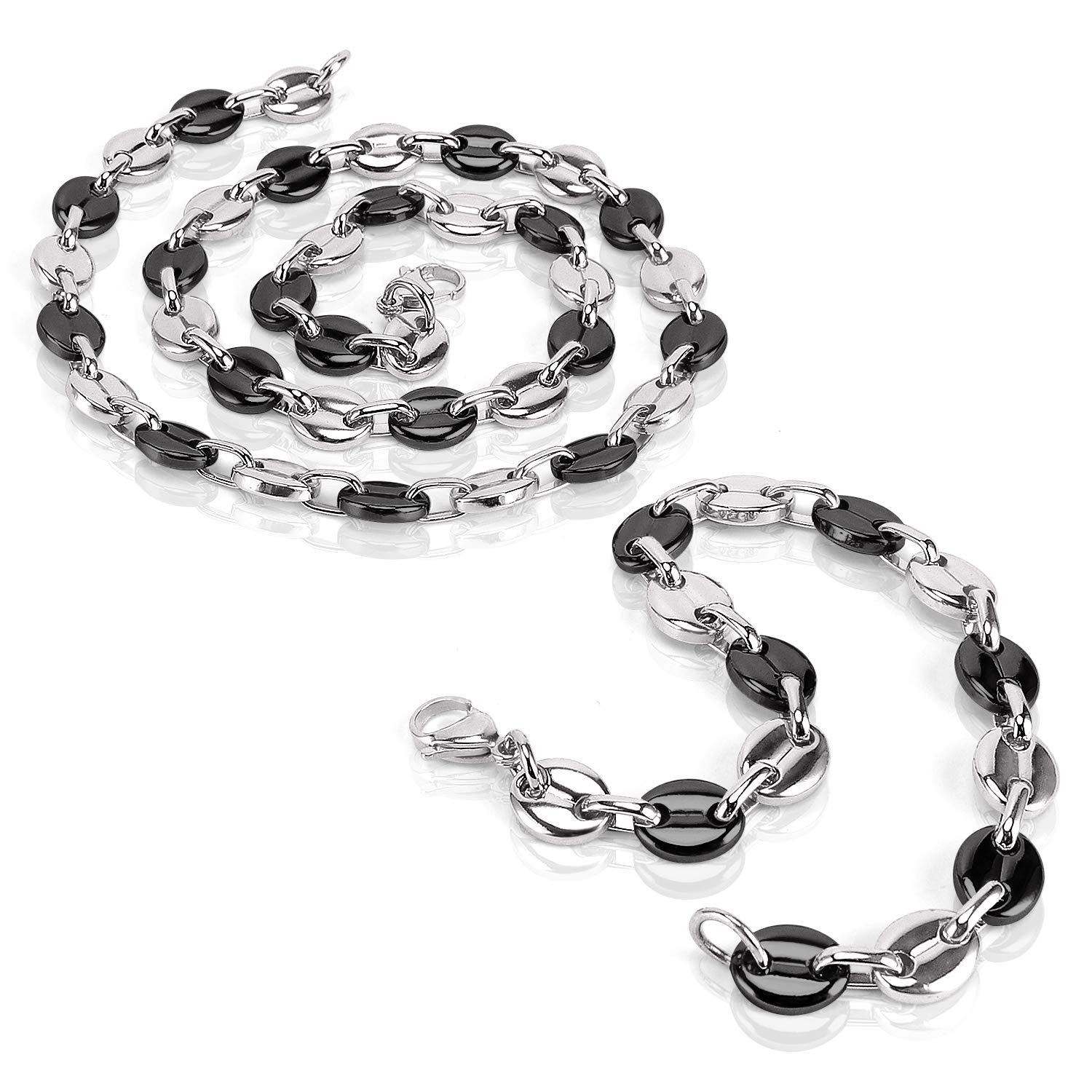 AURSTORE Parure Bracelet ET Chaine Homme Acier INOX Massif Grain DEà café Taille Couleurs AU Choix (11mm, Argenté-Noir)