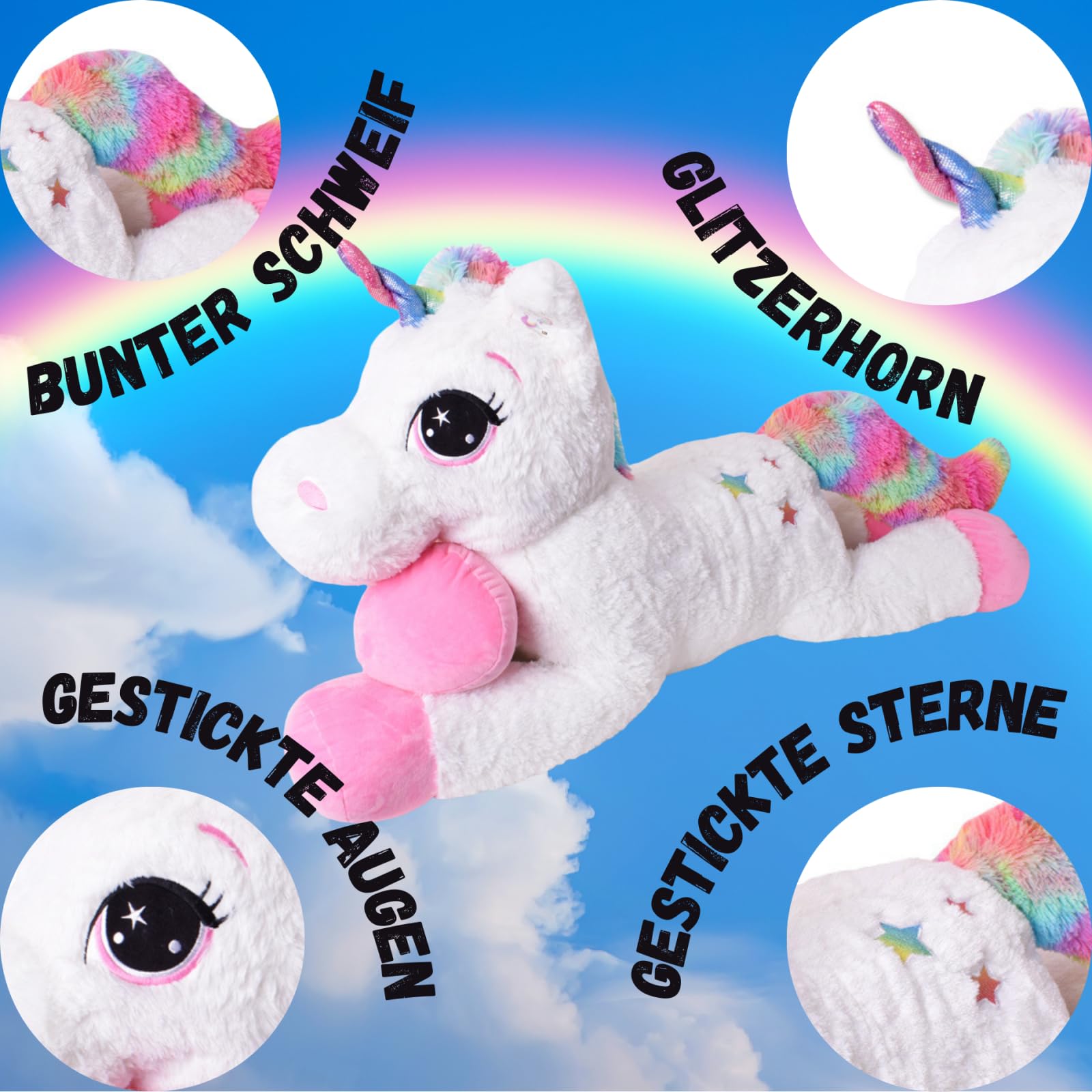 TE-Trend Riesen Einhorn XXL Kuscheltier Plüschtier Stofftier Weiß 110 cm Groß Deko Regenbogen Glitzerhorn Mehrfarbig