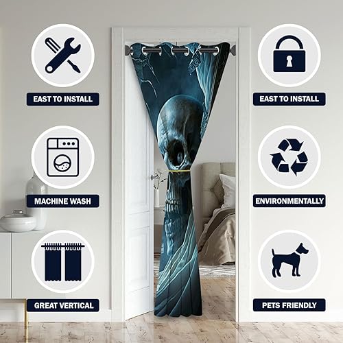 Miniatura 9 de Cortinas opacas 3D con calavera para puertas, aterradoras cortinas opacas góticas de terror para Halloween, armario de dormitorio de niños, con